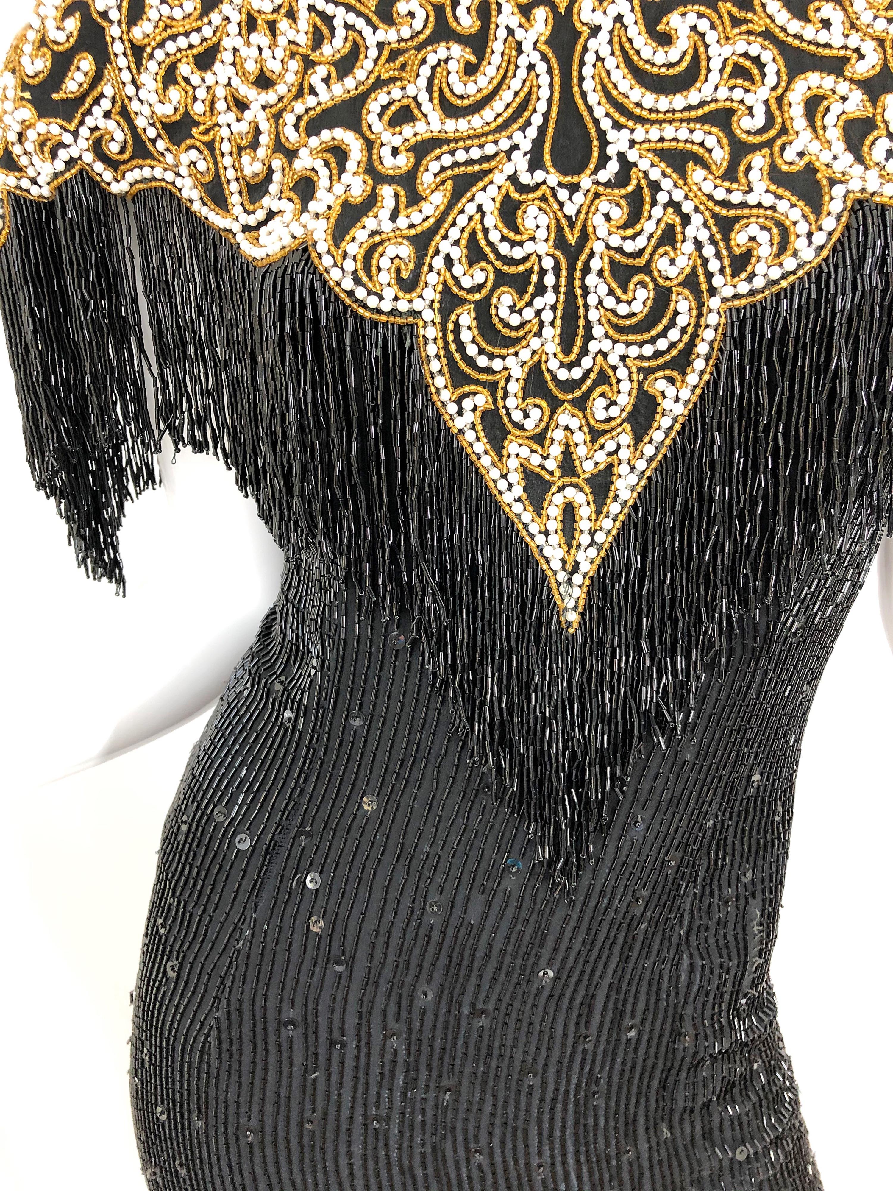 Vintage Naeem Khan Riazee Black Beaded + Pearl Encrusted Fringe Silk Dress 9