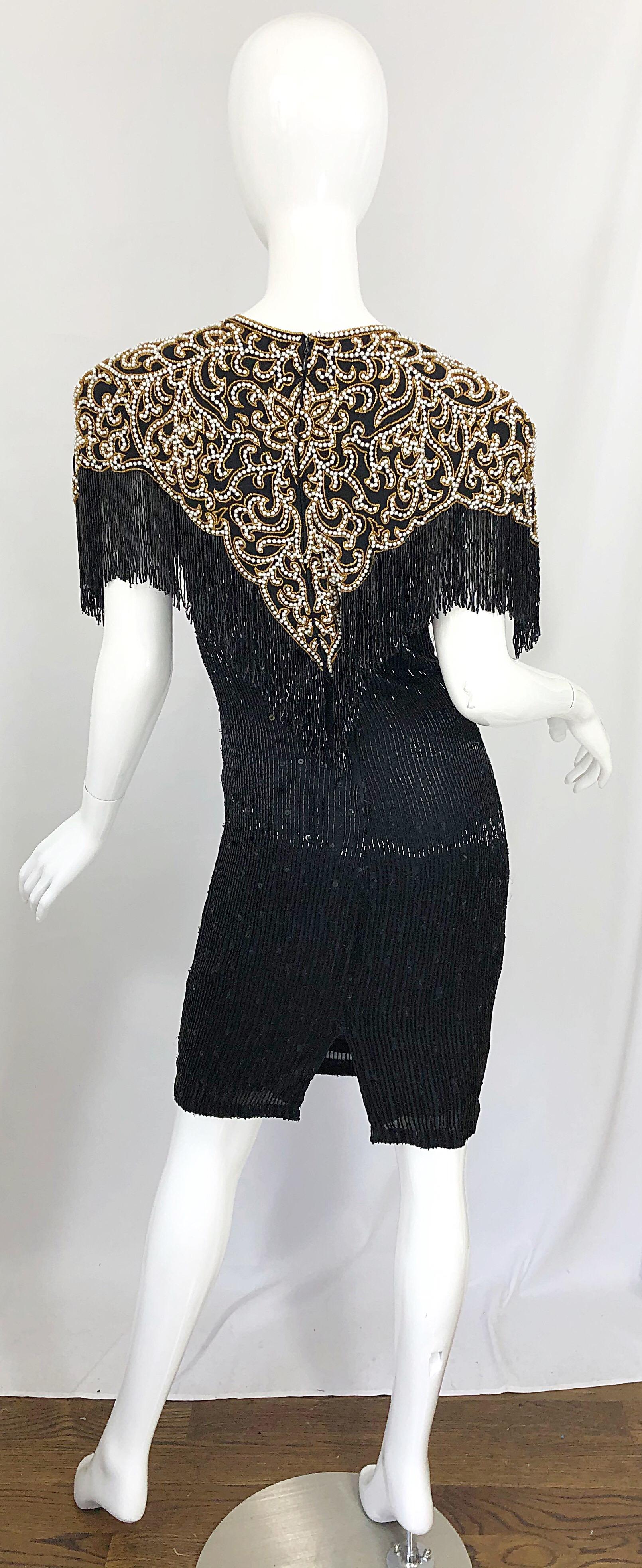Vintage Naeem Khan Riazee Black Beaded + Pearl Encrusted Fringe Silk Dress 10