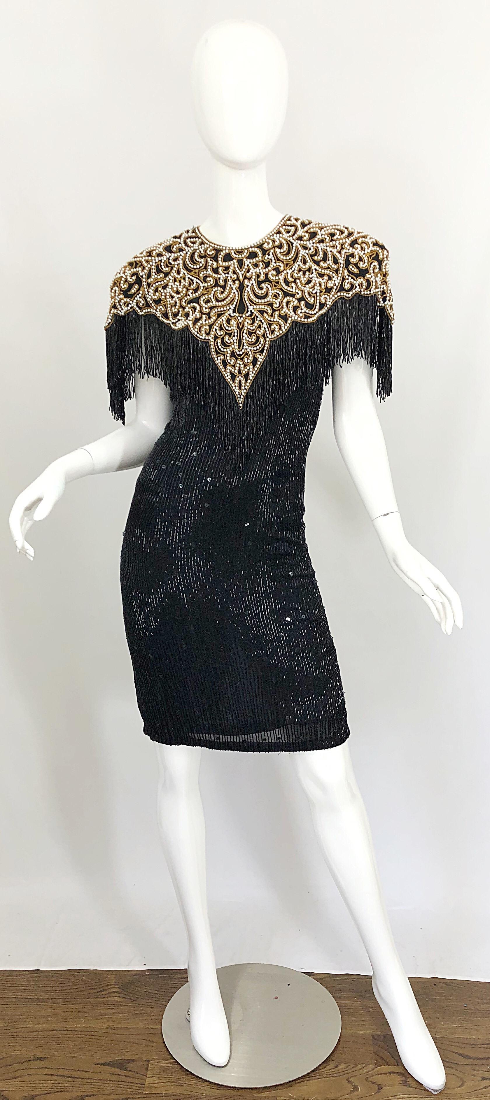 Vintage Naeem Khan Riazee Black Beaded + Pearl Encrusted Fringe Silk Dress 11
