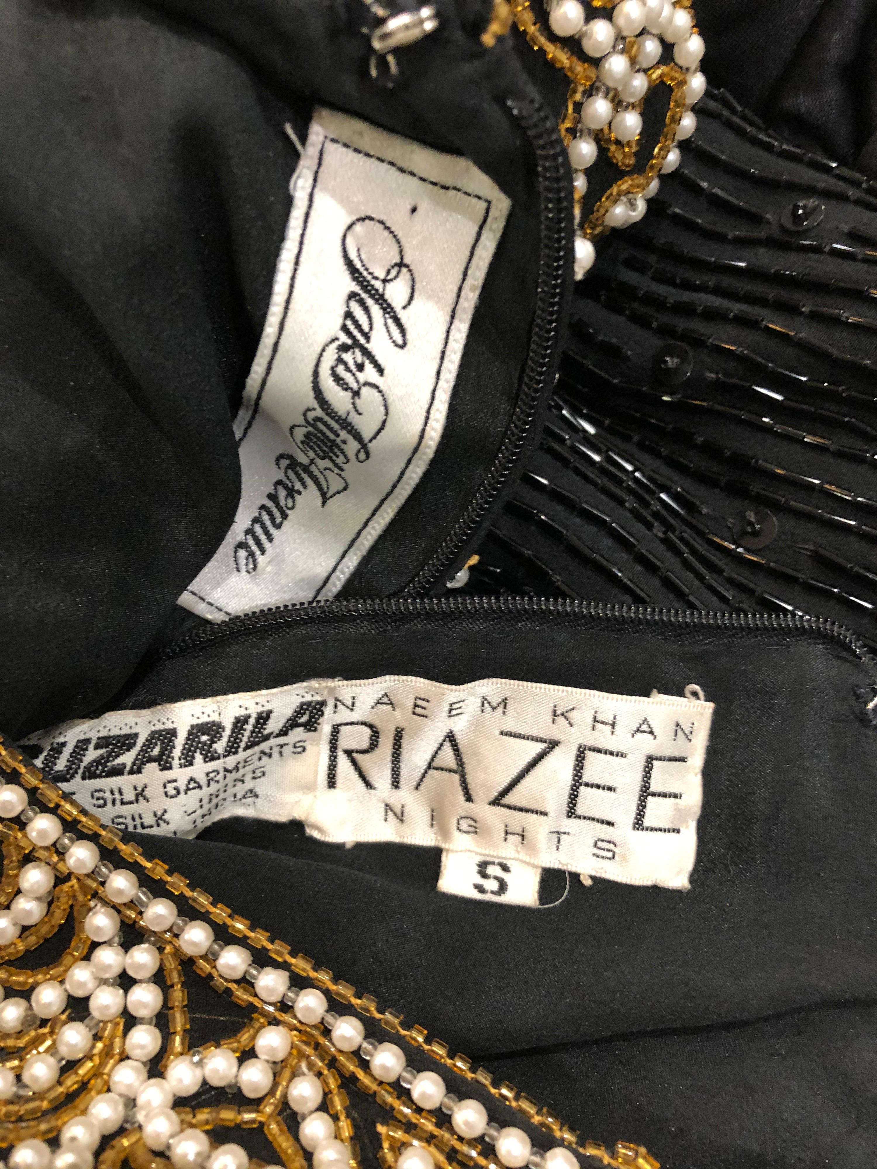 Amazing vintage NAEEM KHAN Riazee for SAKS 5th AVE black beaded and pearl encrusted fringe silk chiffon dress! Features thousands of black seed beads and sequins hand-sewn throughout the entire dress. Pearls and gold beads encrusted on the front and