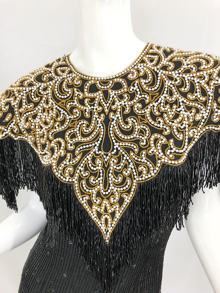 Vintage Naeem Khan Riazee Black Beaded + Pearl Encrusted Fringe Silk