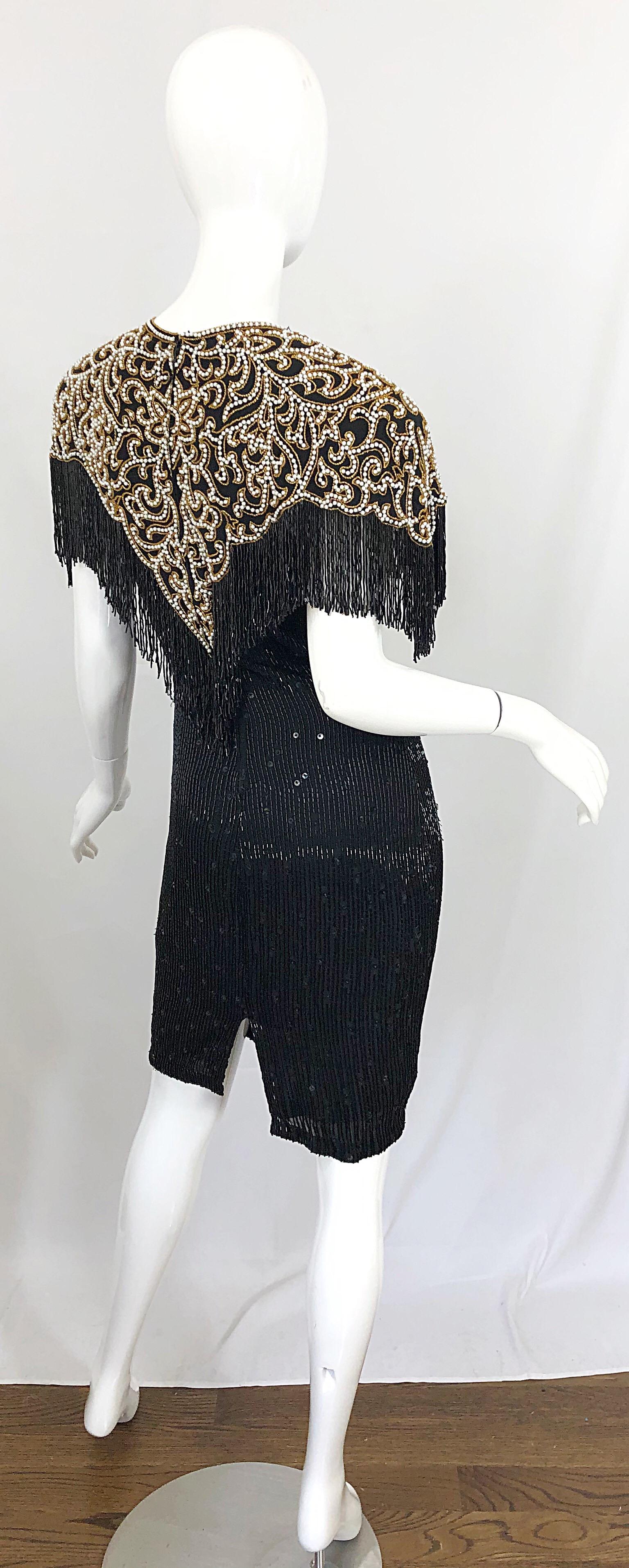 Vintage Naeem Khan Riazee Black Beaded + Pearl Encrusted Fringe Silk Dress In Excellent Condition In San Diego, CA