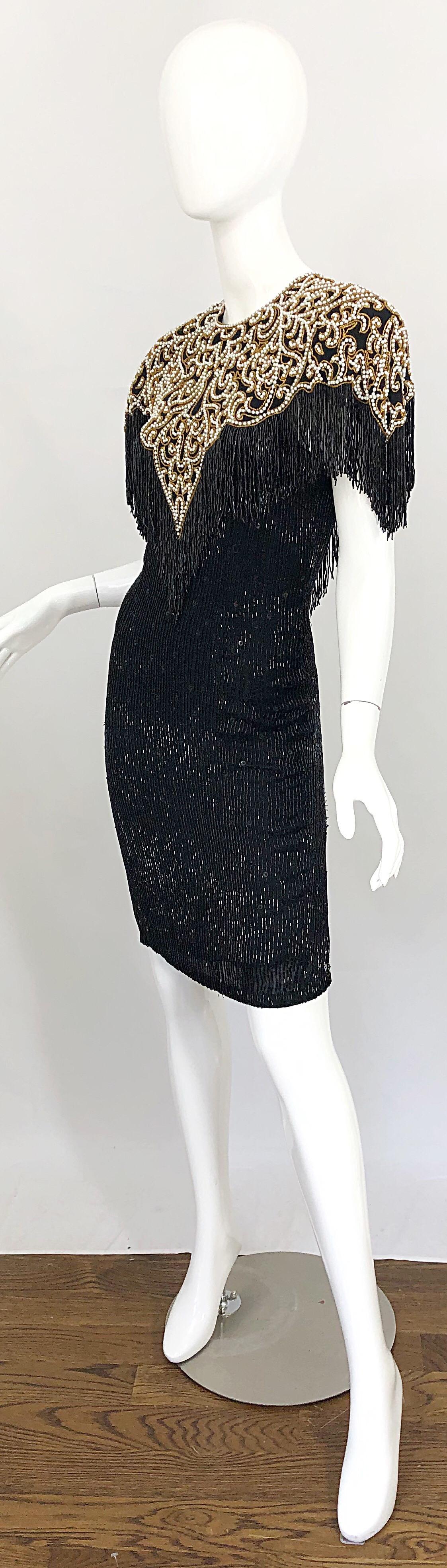 Women's Vintage Naeem Khan Riazee Black Beaded + Pearl Encrusted Fringe Silk Dress