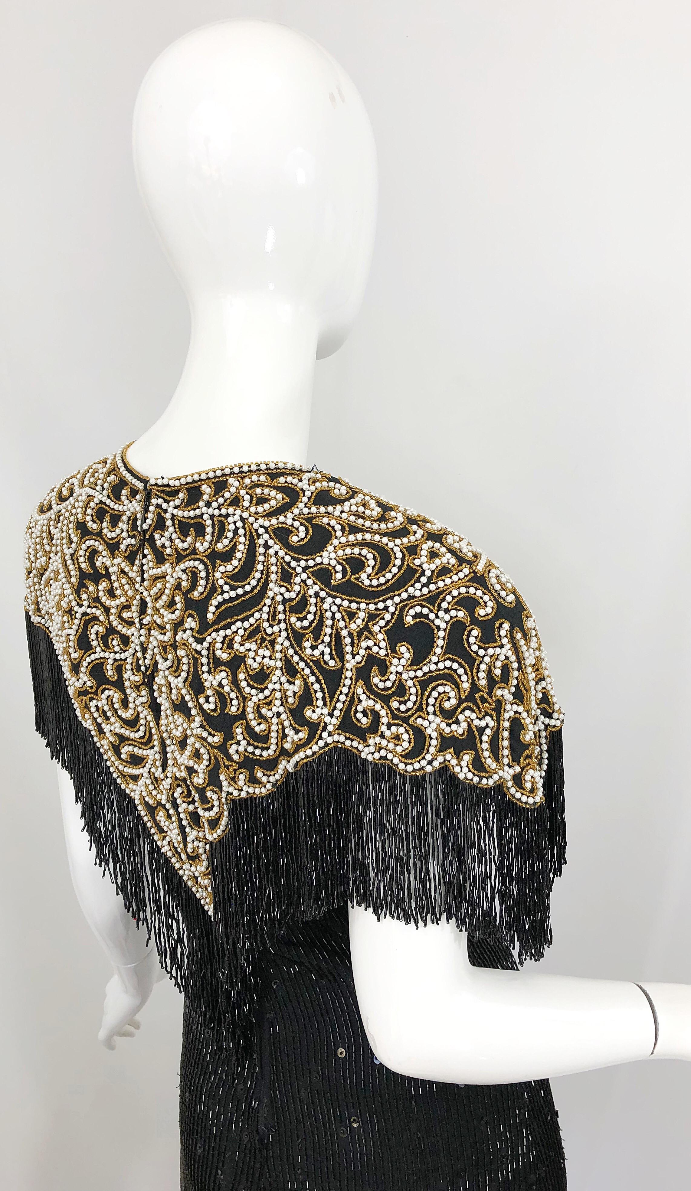 Vintage Naeem Khan Riazee Black Beaded + Pearl Encrusted Fringe Silk Dress 1