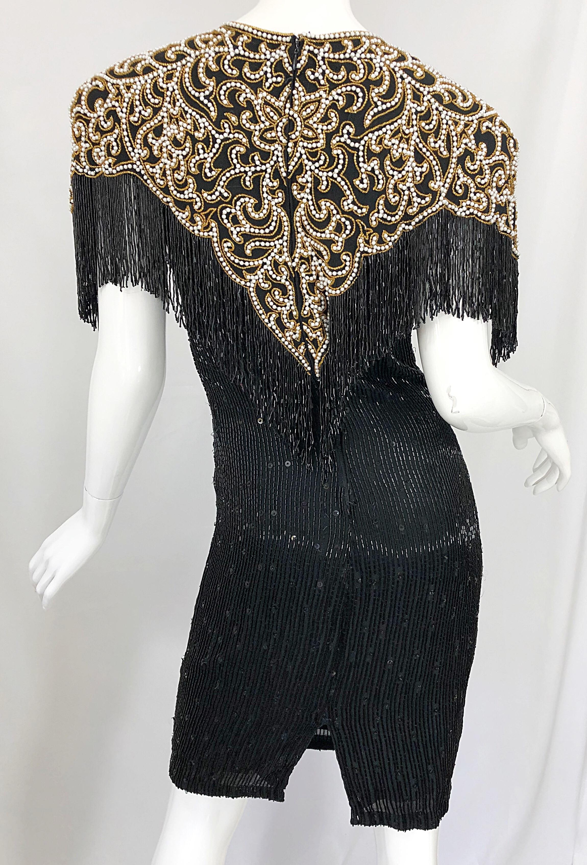 Vintage Naeem Khan Riazee Black Beaded + Pearl Encrusted Fringe Silk Dress 2