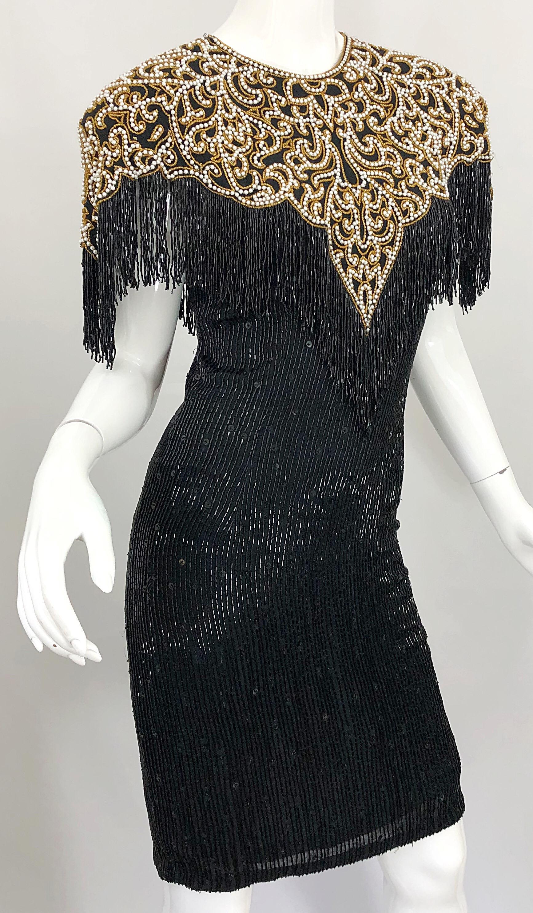 Vintage Naeem Khan Riazee Black Beaded + Pearl Encrusted Fringe Silk Dress 3