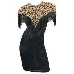 Vintage Naeem Khan Riazee Black Beaded + Pearl Encrusted Fringe Silk Dress