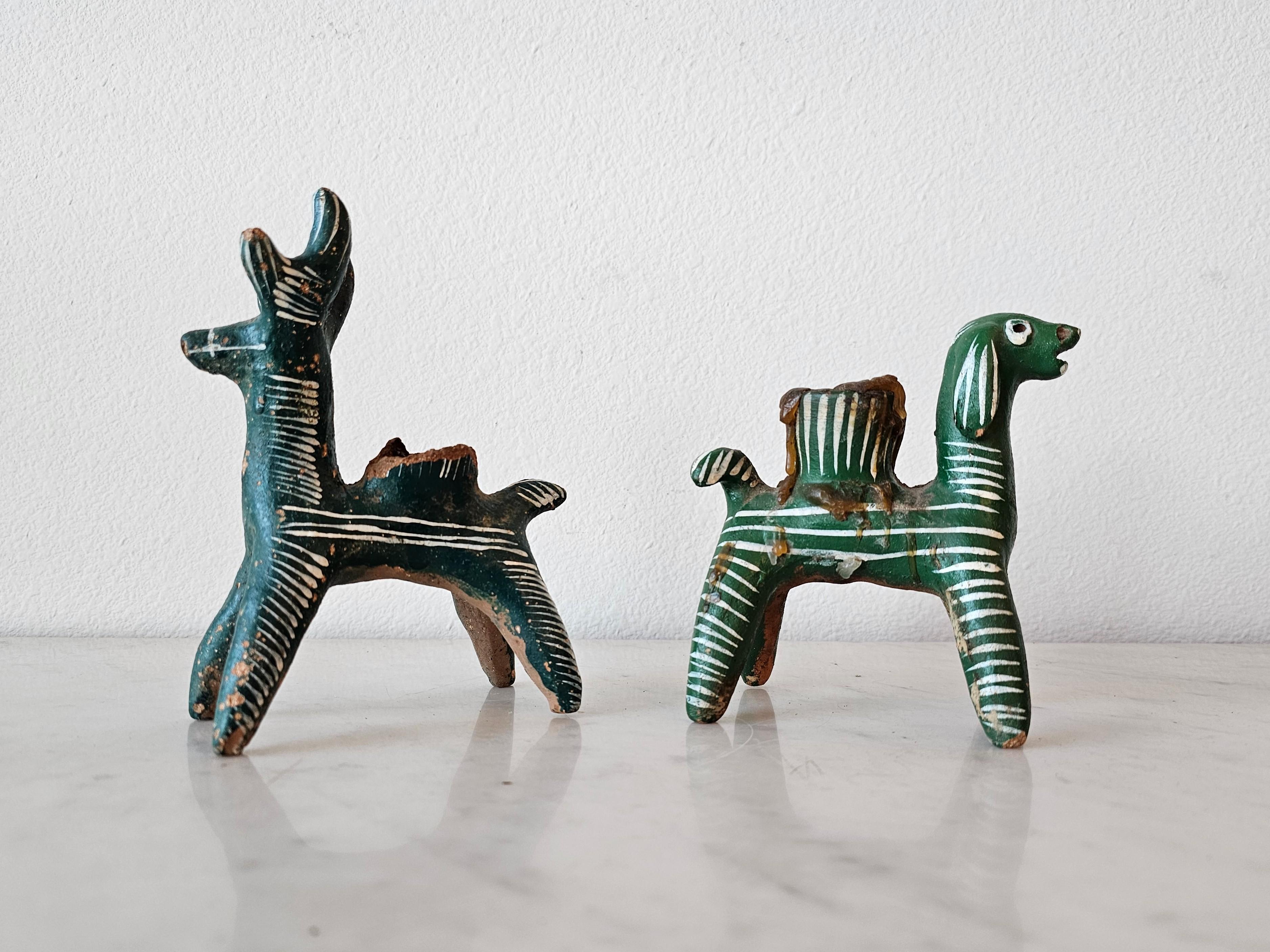 Hand-Crafted Vintage Nahua Pottery Chililico Hidalgo Mexican Folk Art Animal Candleholders For Sale