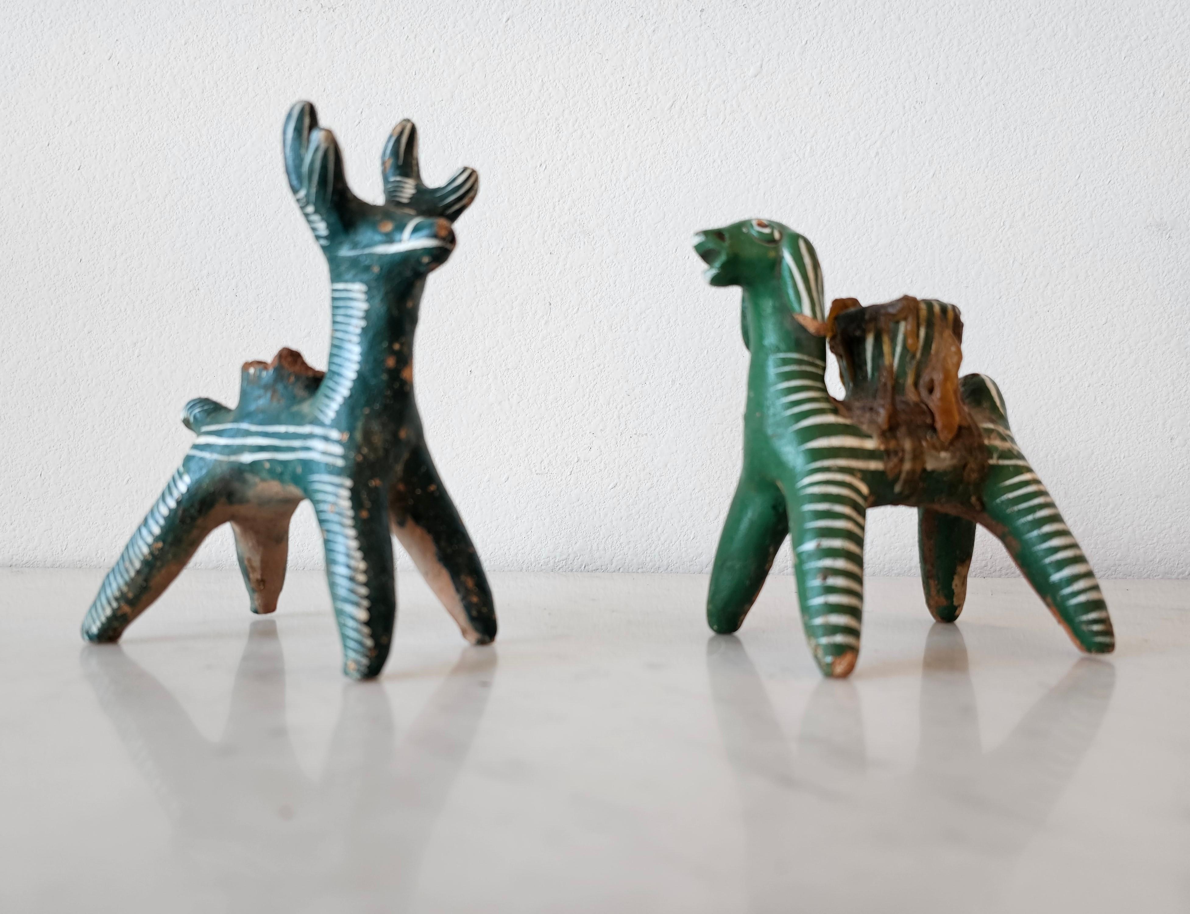 Vintage Nahua Pottery Chililico Hidalgo Mexican Folk Art Animal Candleholders In Fair Condition For Sale In Forney, TX