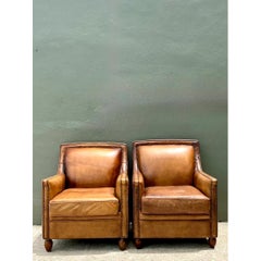 Vintage Nailhead Trim Leather Armchairs - Pair
