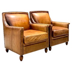 Vintage Nailhead Trim Leather Armchairs - Pair