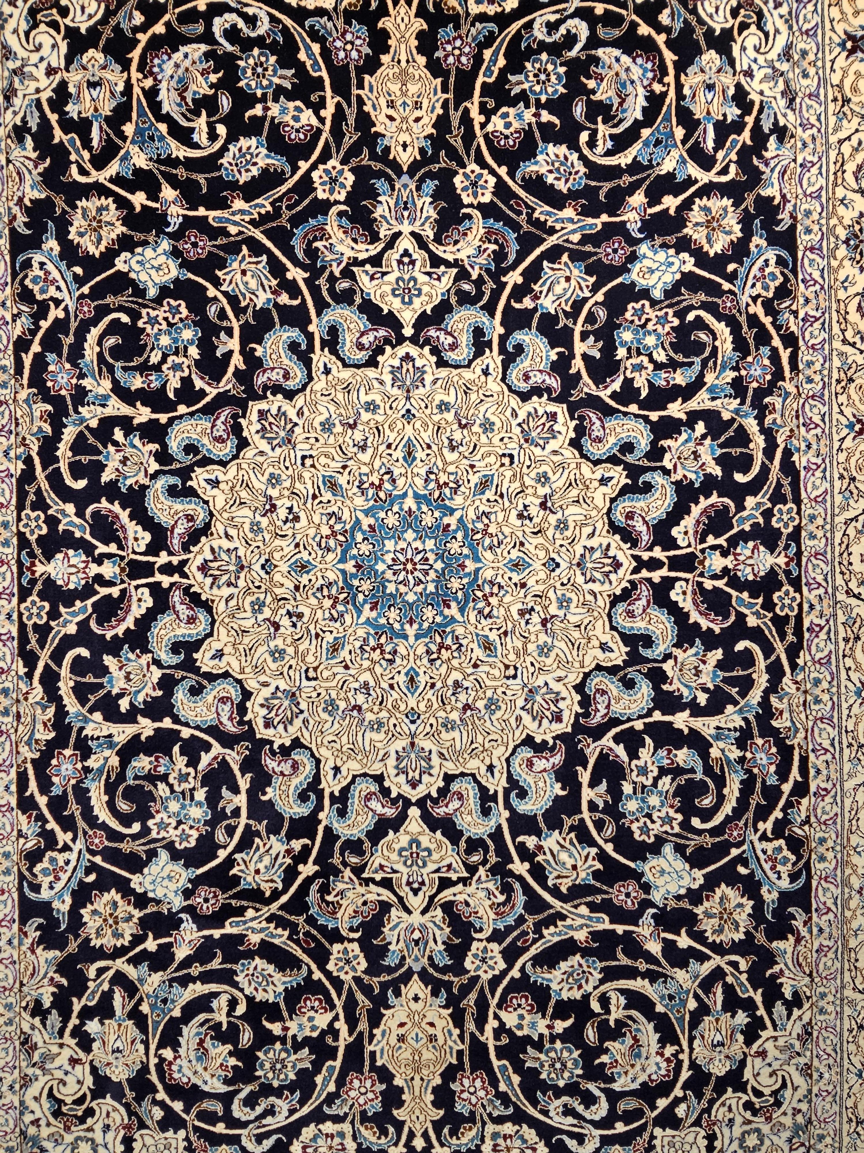 Hand-Woven Vintage Persian Nain Habibian Area Rug in Floral Pattern in Navy, Ivory, Blue For Sale