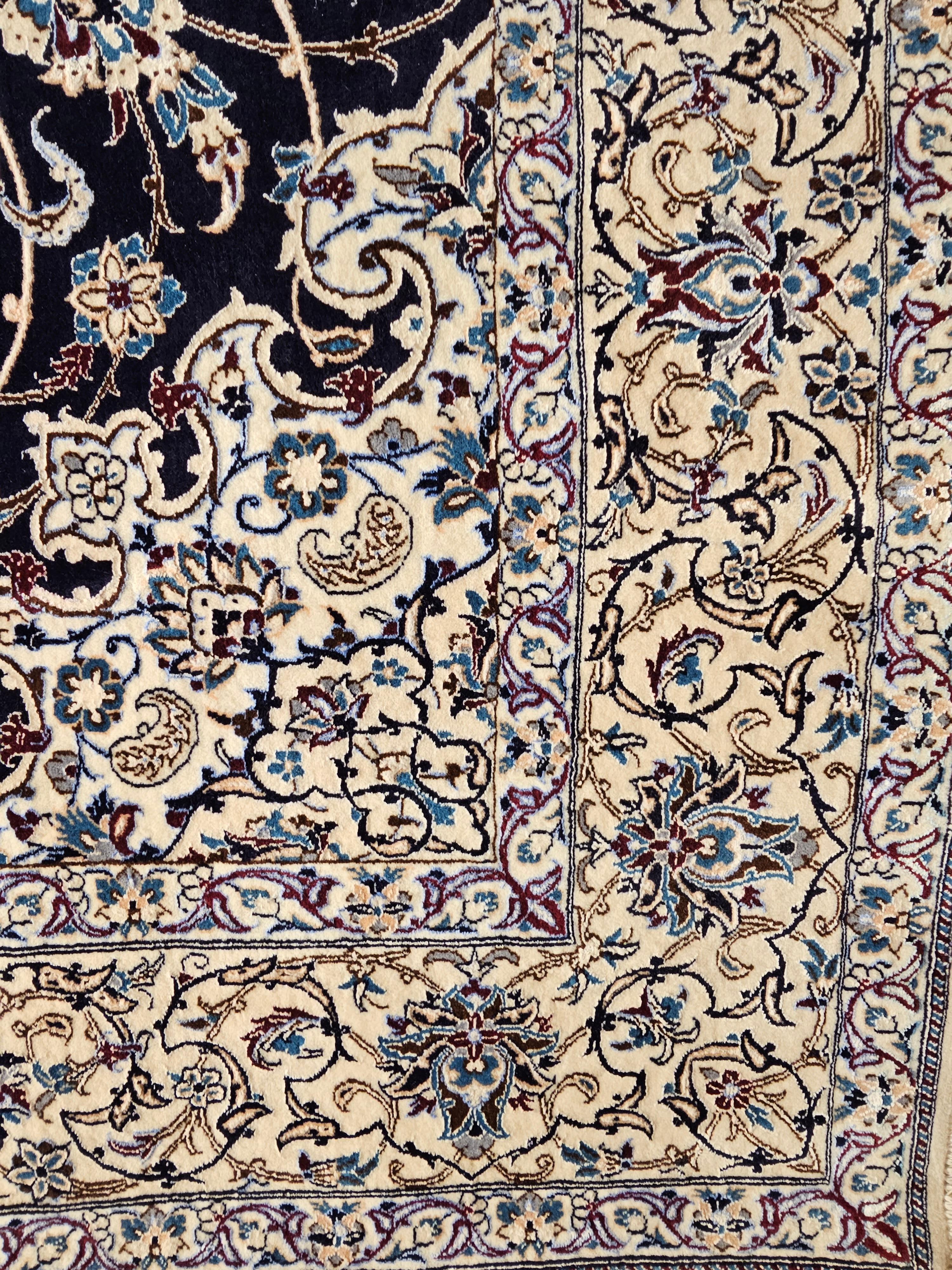 20th Century Vintage Persian Nain Habibian Area Rug in Floral Pattern in Navy, Ivory, Blue For Sale