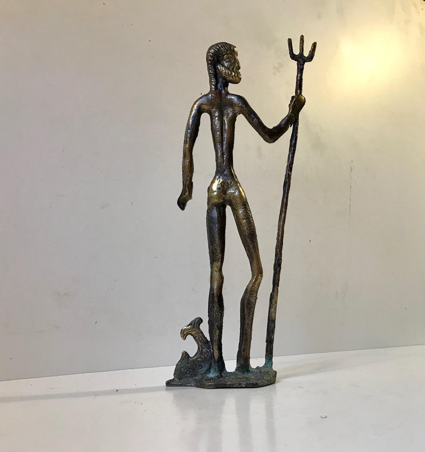 Almost in a style reminiscent of Giacometti this lean bronze sculpture depicting Poseidon has a Primitive, naive and yet modern expression about it. The patina to the bronze indicates quite a bit of age. Its origin however is unknown. It does not