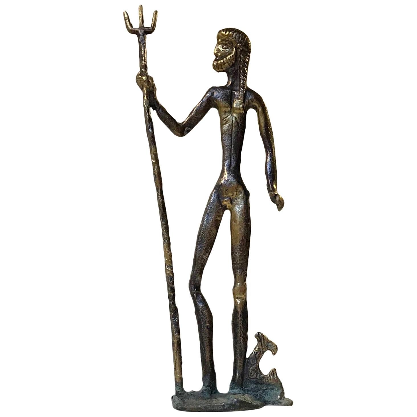Vintage Naiv Bronze Sculpture of Poseidon, Mythological Sea God