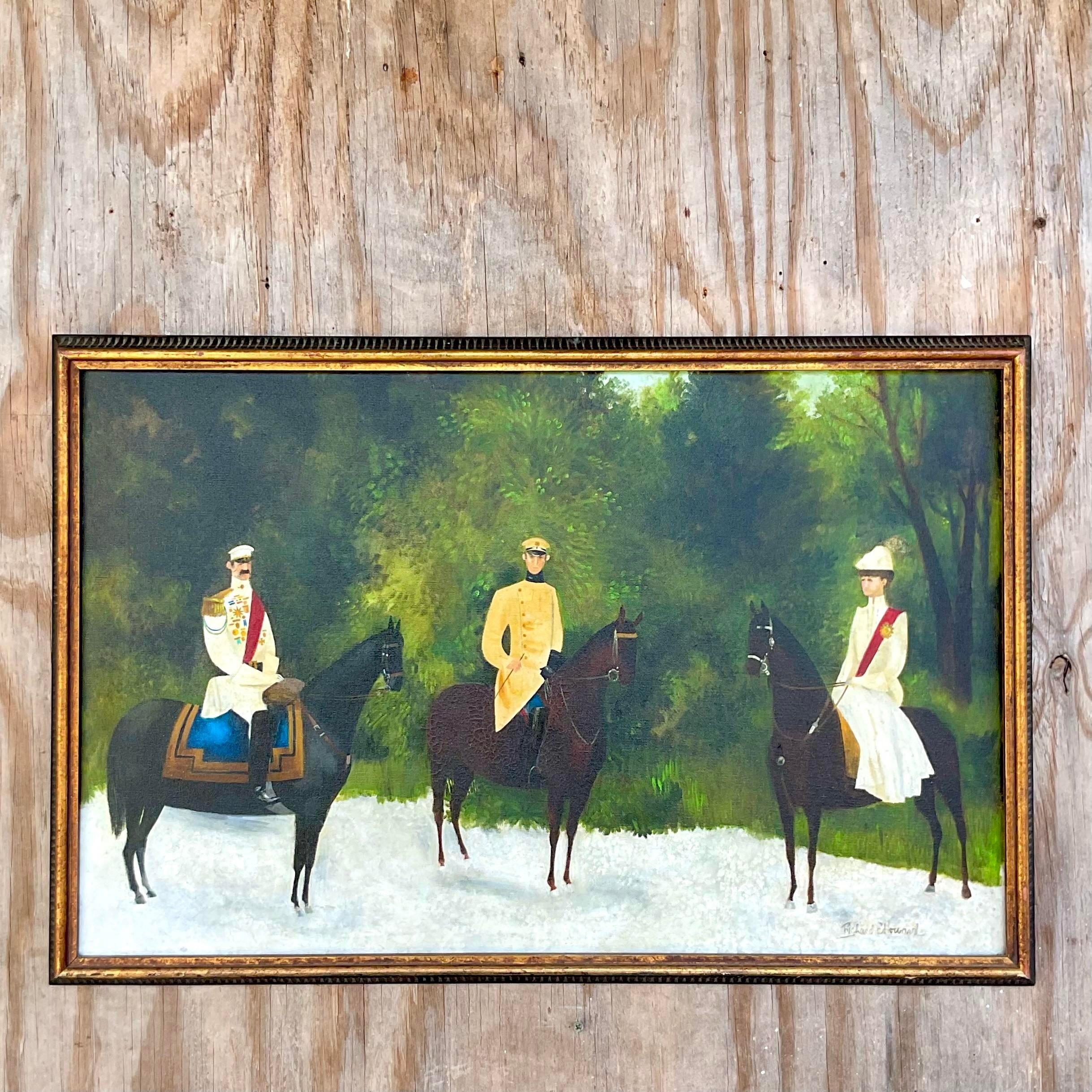 Vintage Naive Figurative Original Oil Painting on Canvas of a Royal Family For Sale 6
