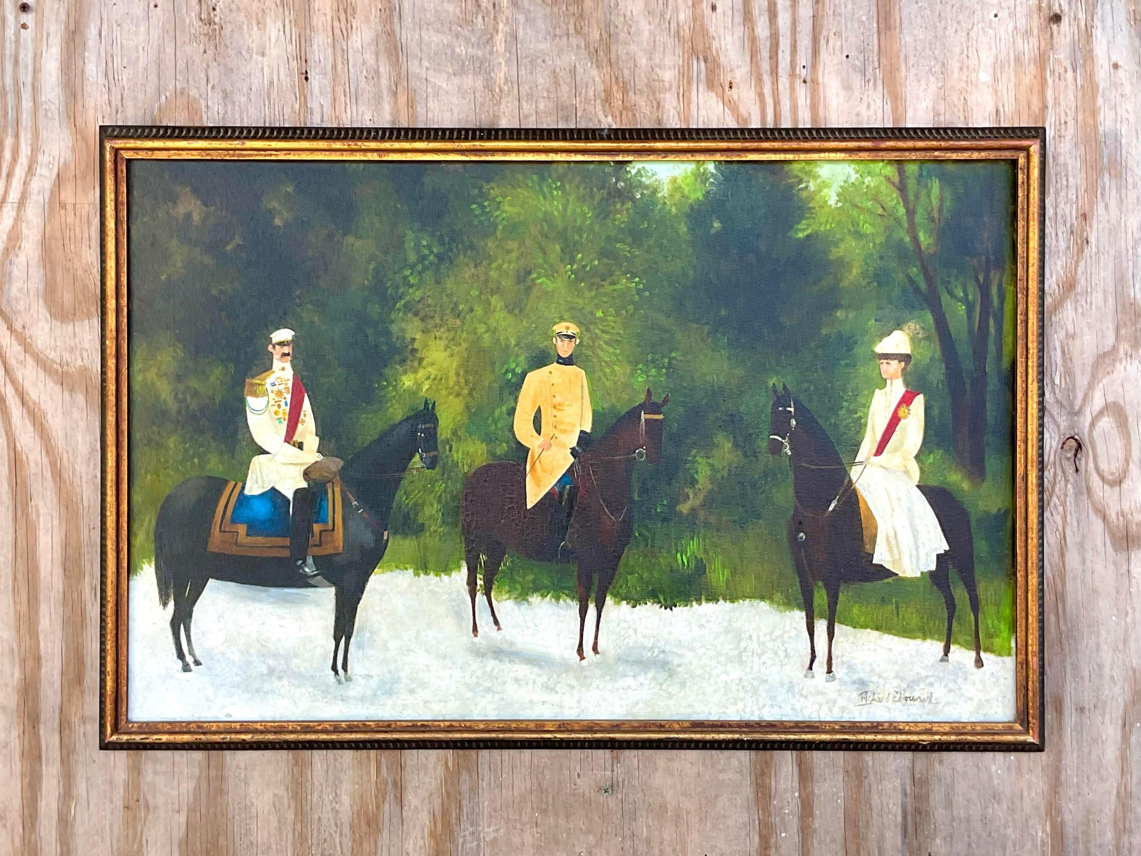 A fantastic vintage Boho original oil painting on canvas. A chic composition of a Royal family in period costume. Acquired from a Palm Beach estate.