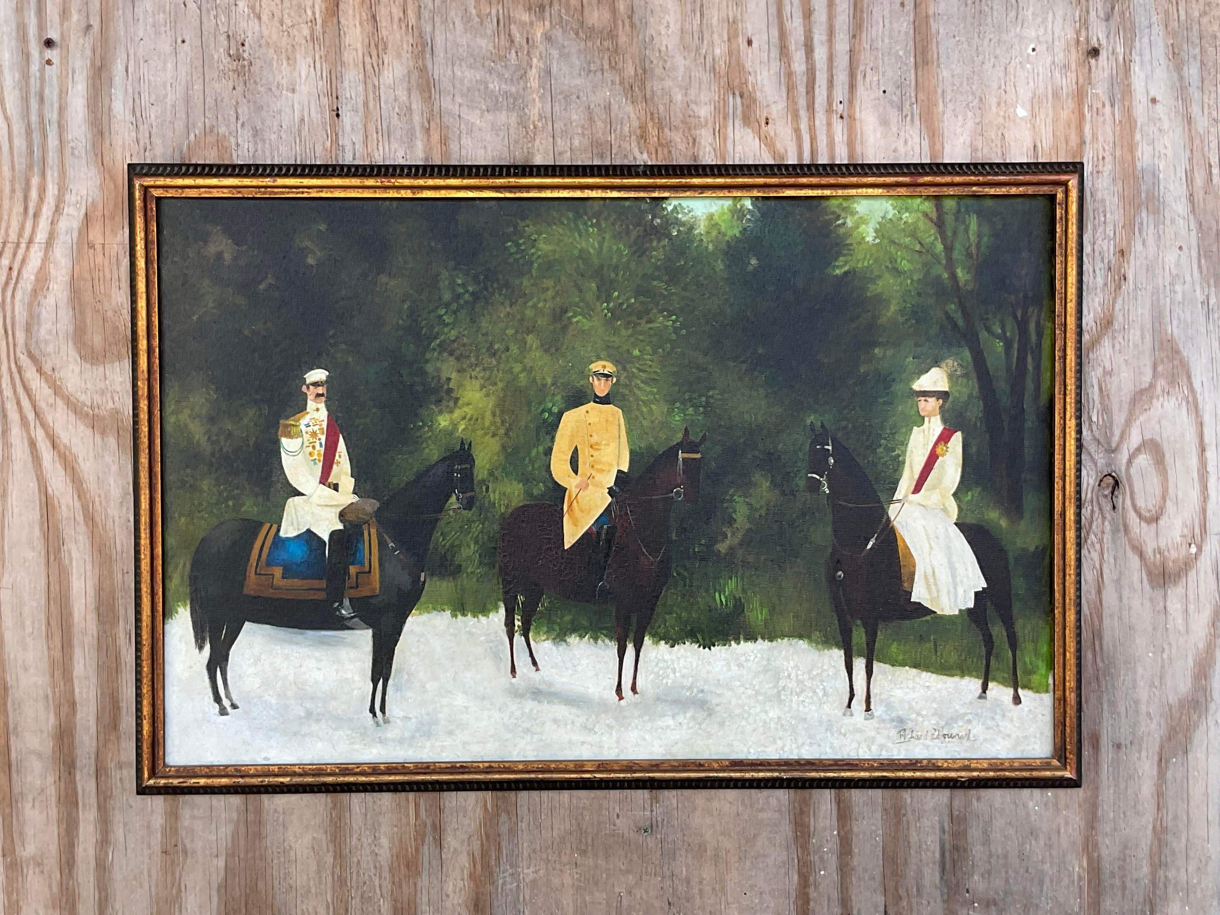 American Vintage Naive Figurative Original Oil Painting on Canvas of a Royal Family For Sale