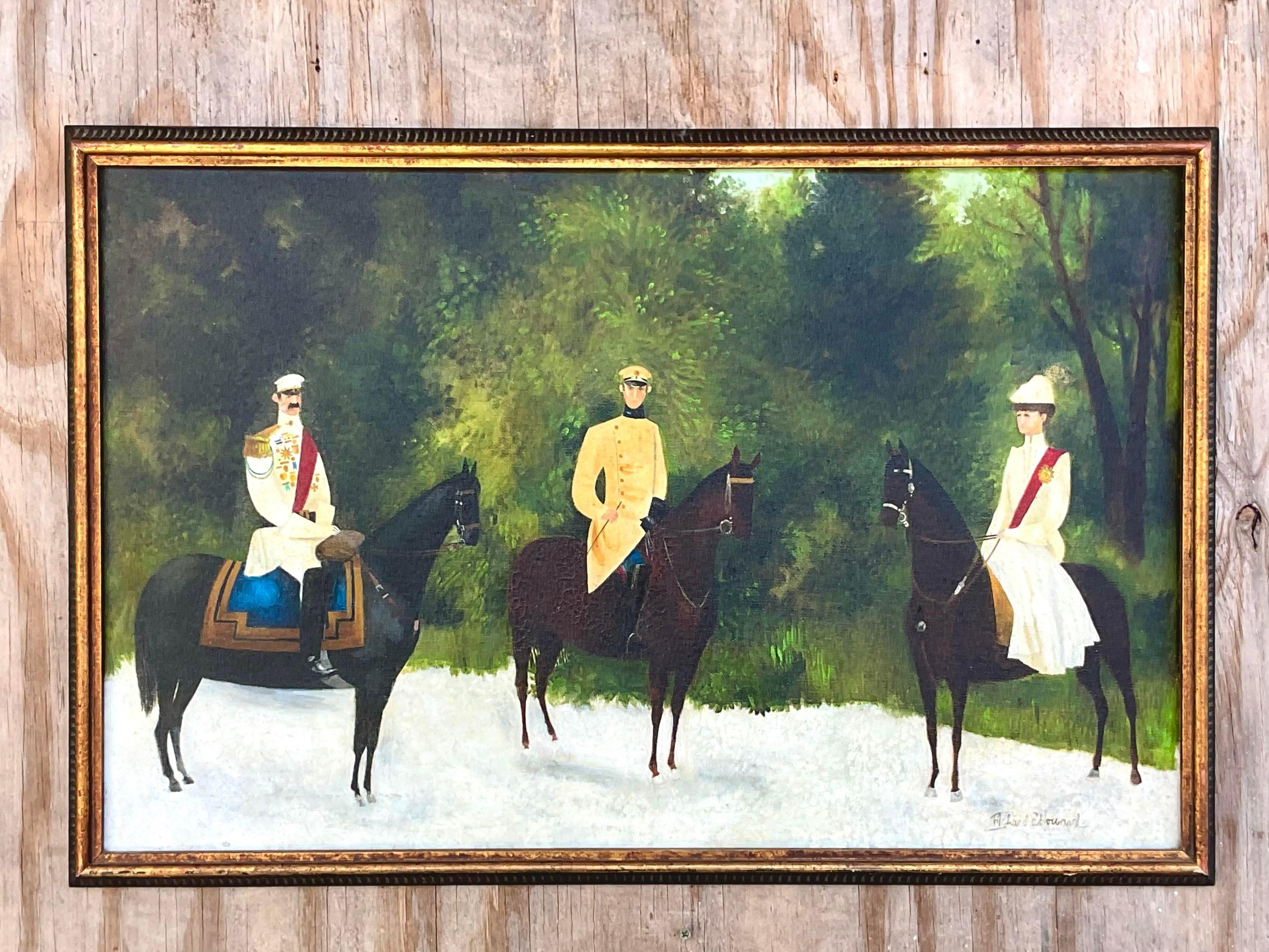 Vintage Naive Figurative Original Oil Painting on Canvas of a Royal Family For Sale 1