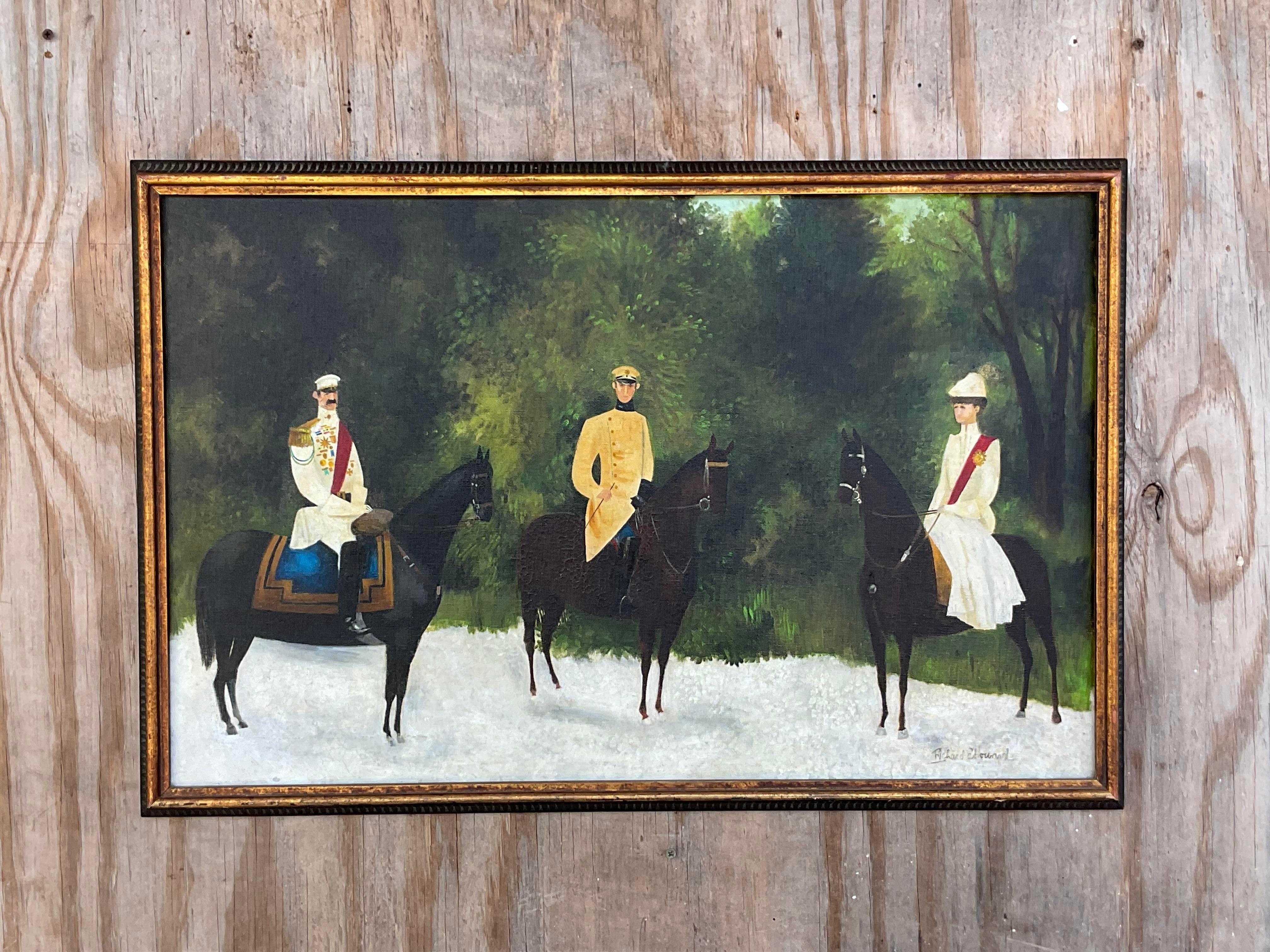 Vintage Naive Figurative Original Oil Painting on Canvas of a Royal Family For Sale 3