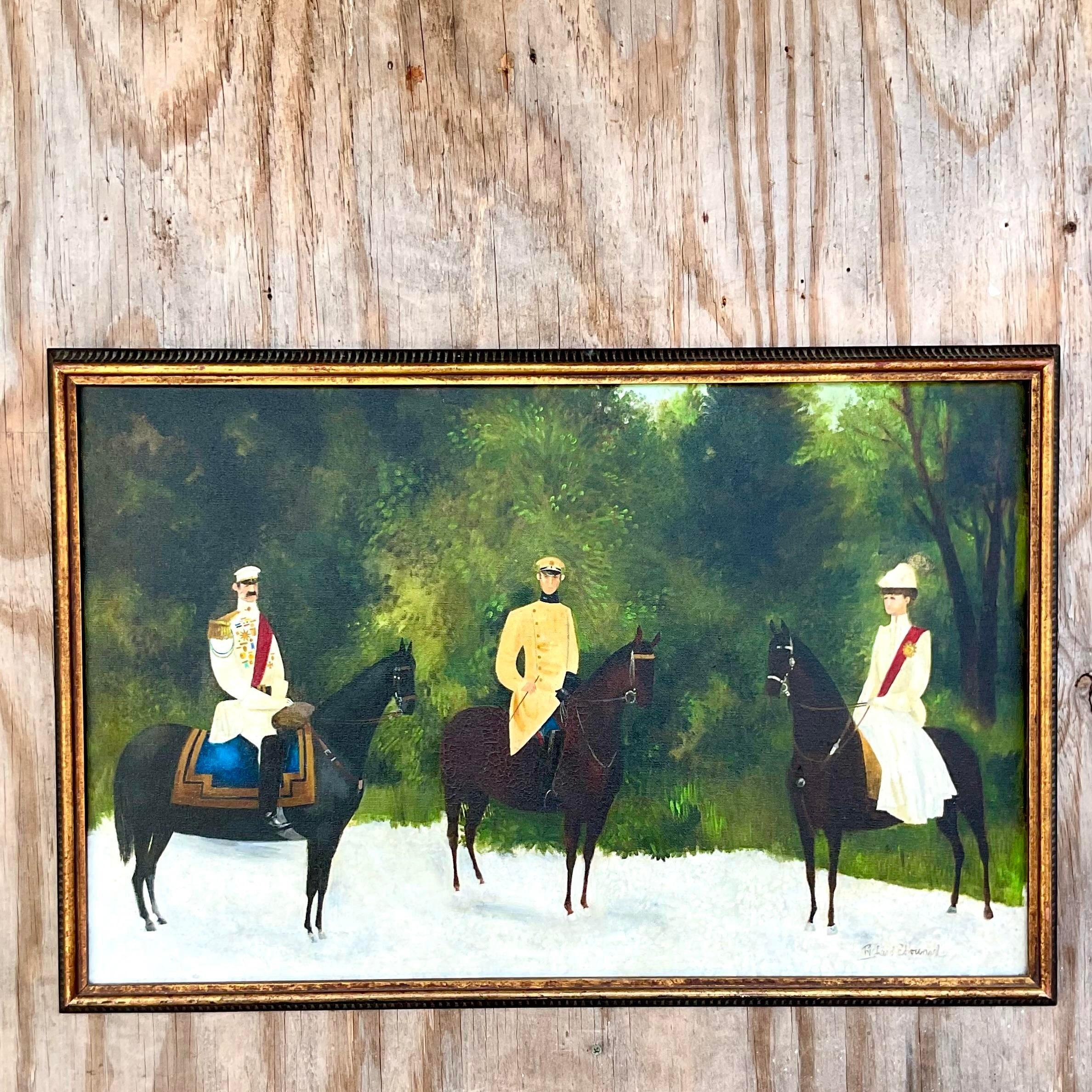 Vintage Naive Figurative Original Oil Painting on Canvas of a Royal Family For Sale 4