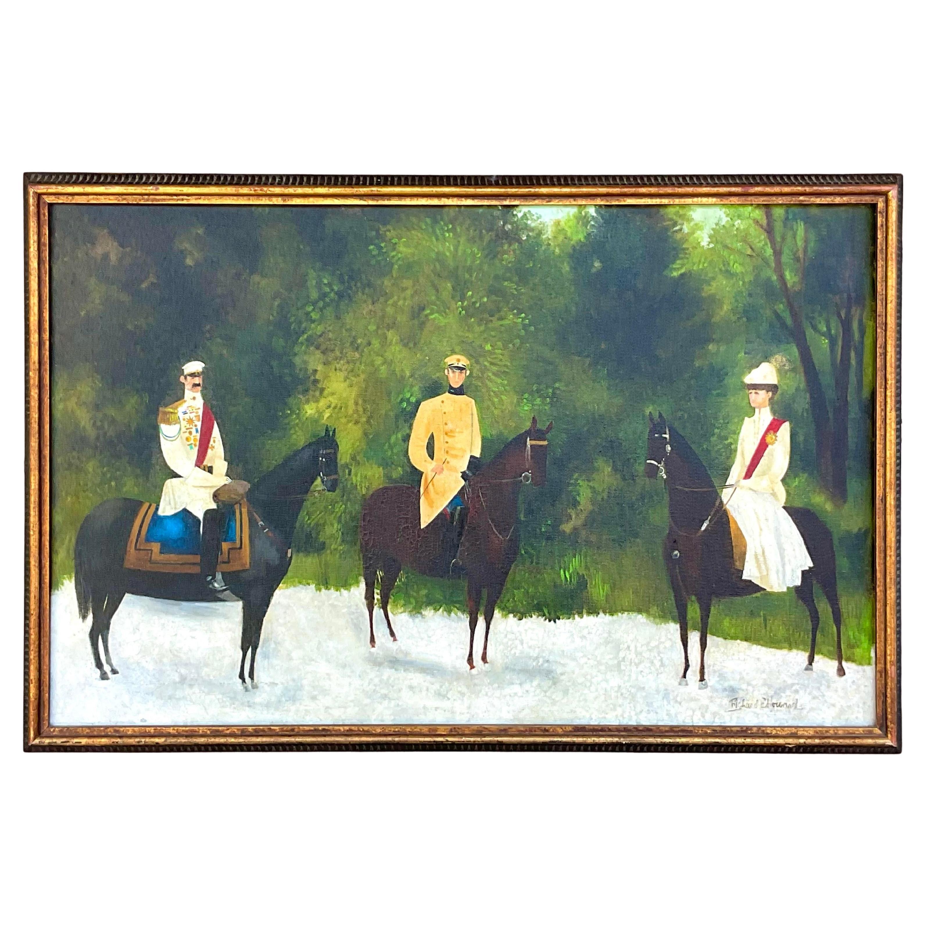 Vintage Naive Figurative Original Oil Painting on Canvas of a Royal Family For Sale