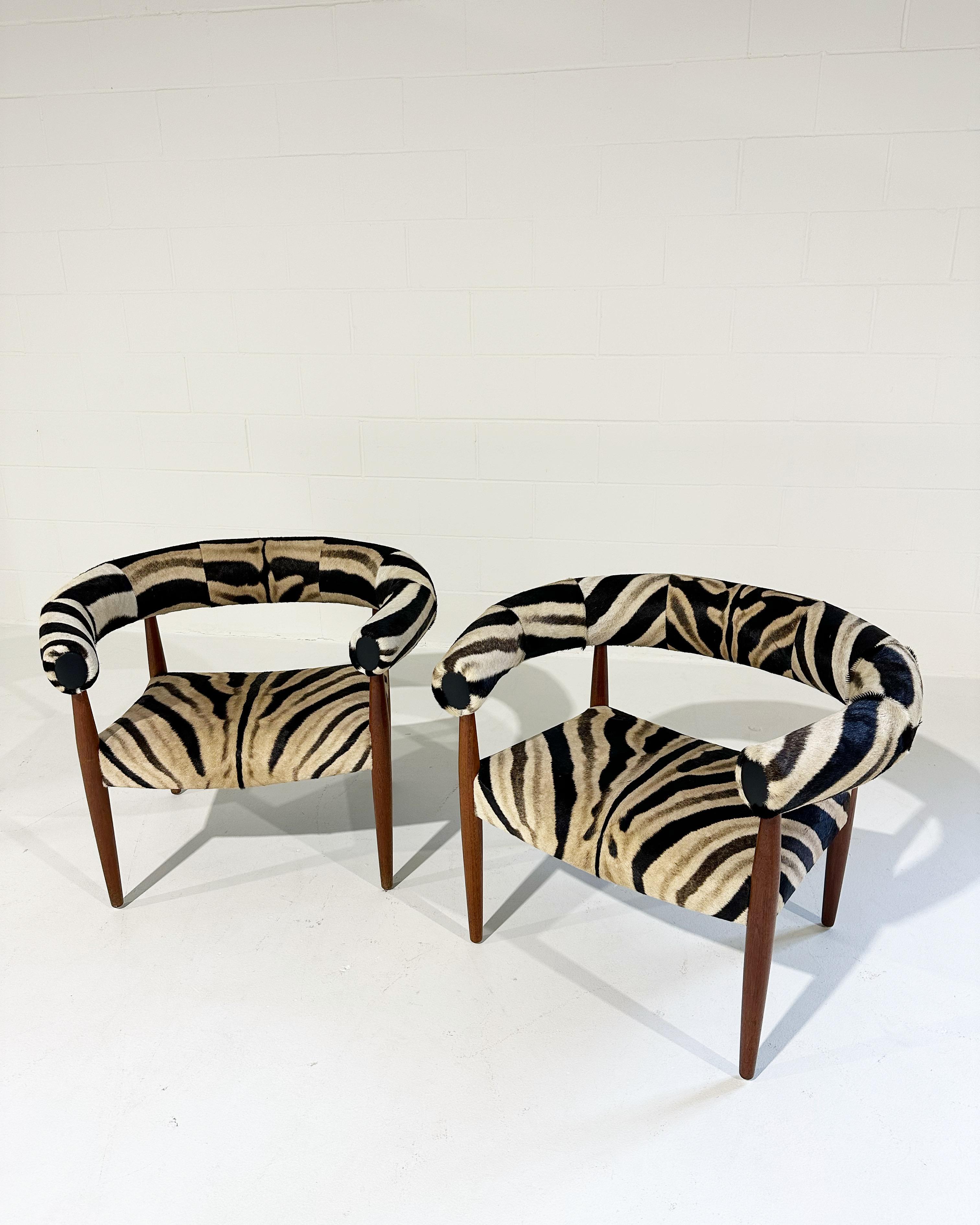 A very cool pair of sculptural Danish chairs. Restored in zebra hide. 

Manufacturer
Søren Willadsen, Denmark

Date
1958

Dimensions
32 W x 28 D x 25.5 H in

Material
Teak, upholstery, leather

Condition
Very good condition. Newer upholstered in our
