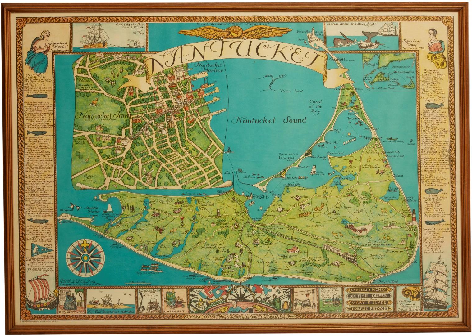 Vintage map of Nantucket. Mid-20th century in original wood frame.