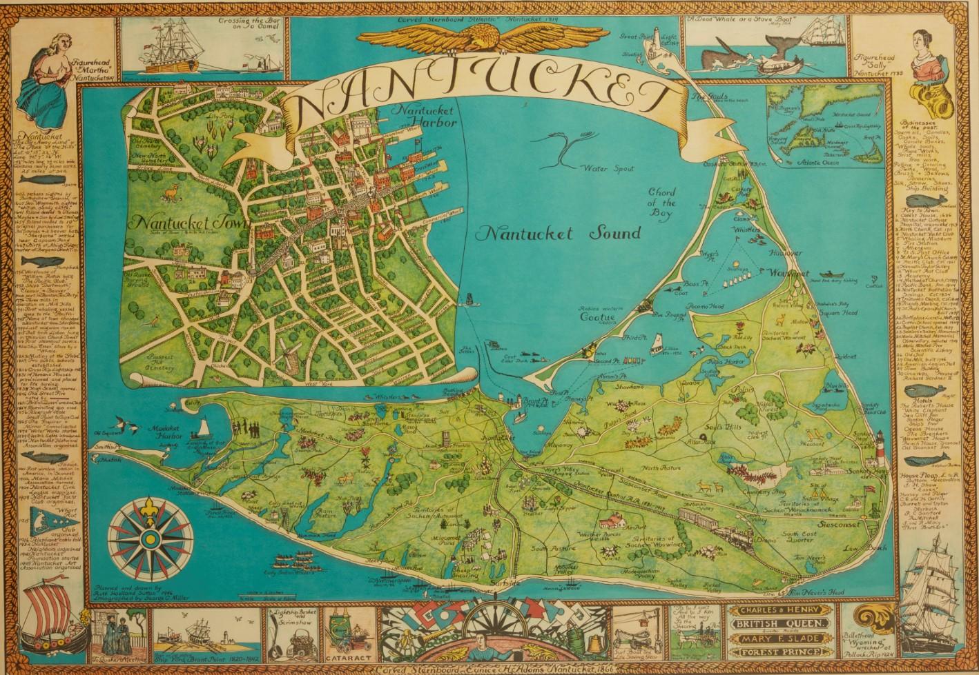 American Vintage Nantucket Map with Original Wood Frame For Sale
