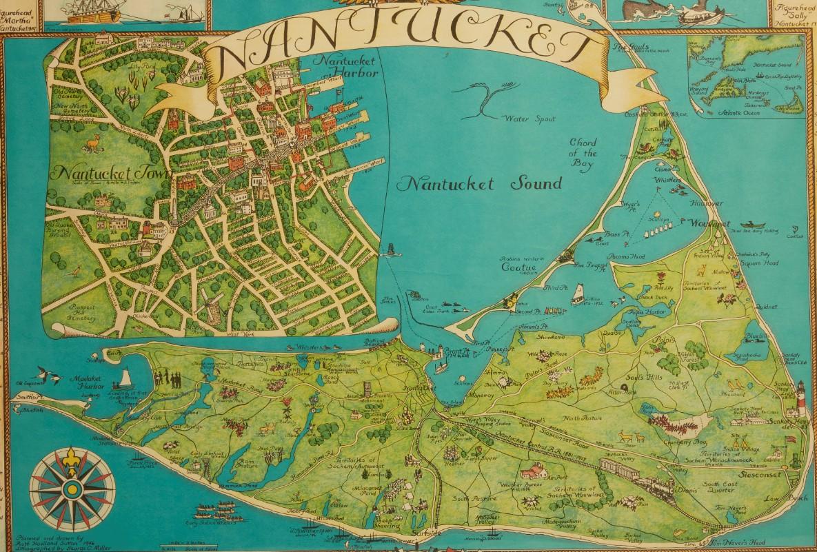 Vintage Nantucket Map with Original Wood Frame In Good Condition For Sale In New York City, NY
