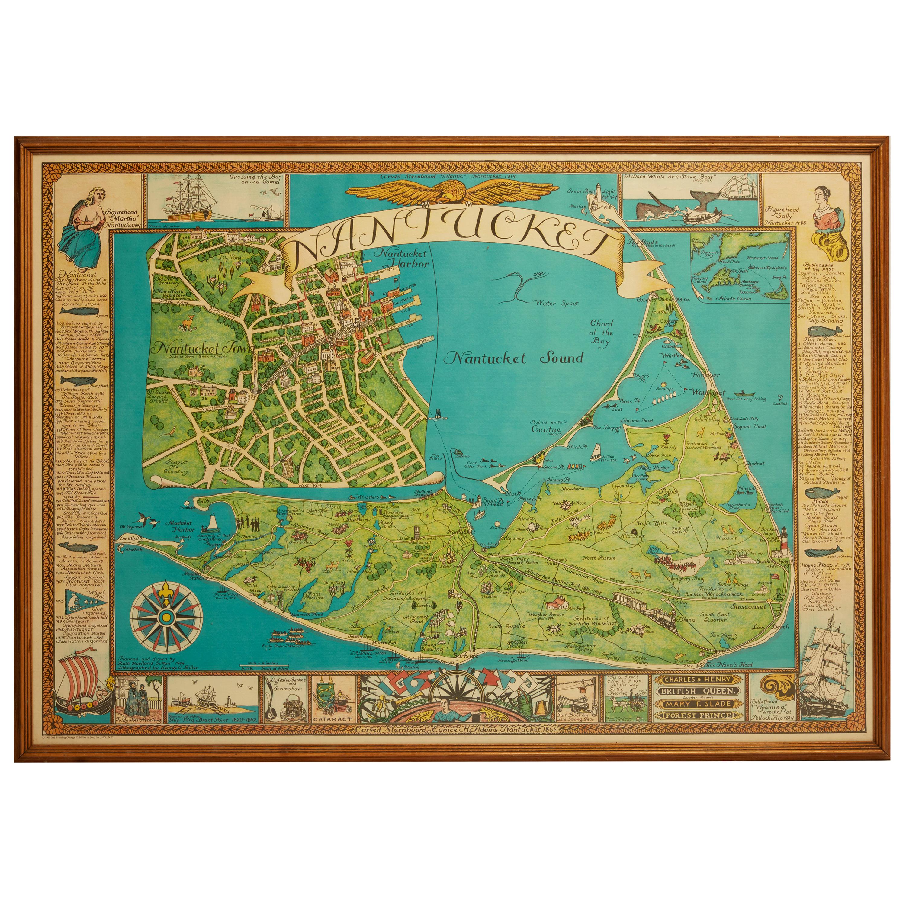 Vintage Nantucket Map with Original Wood Frame For Sale