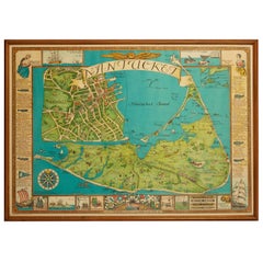 Vintage Nantucket Map with Original Wood Frame