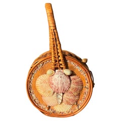 Vintage Nantucket Rattan Basket Bag with Seashells