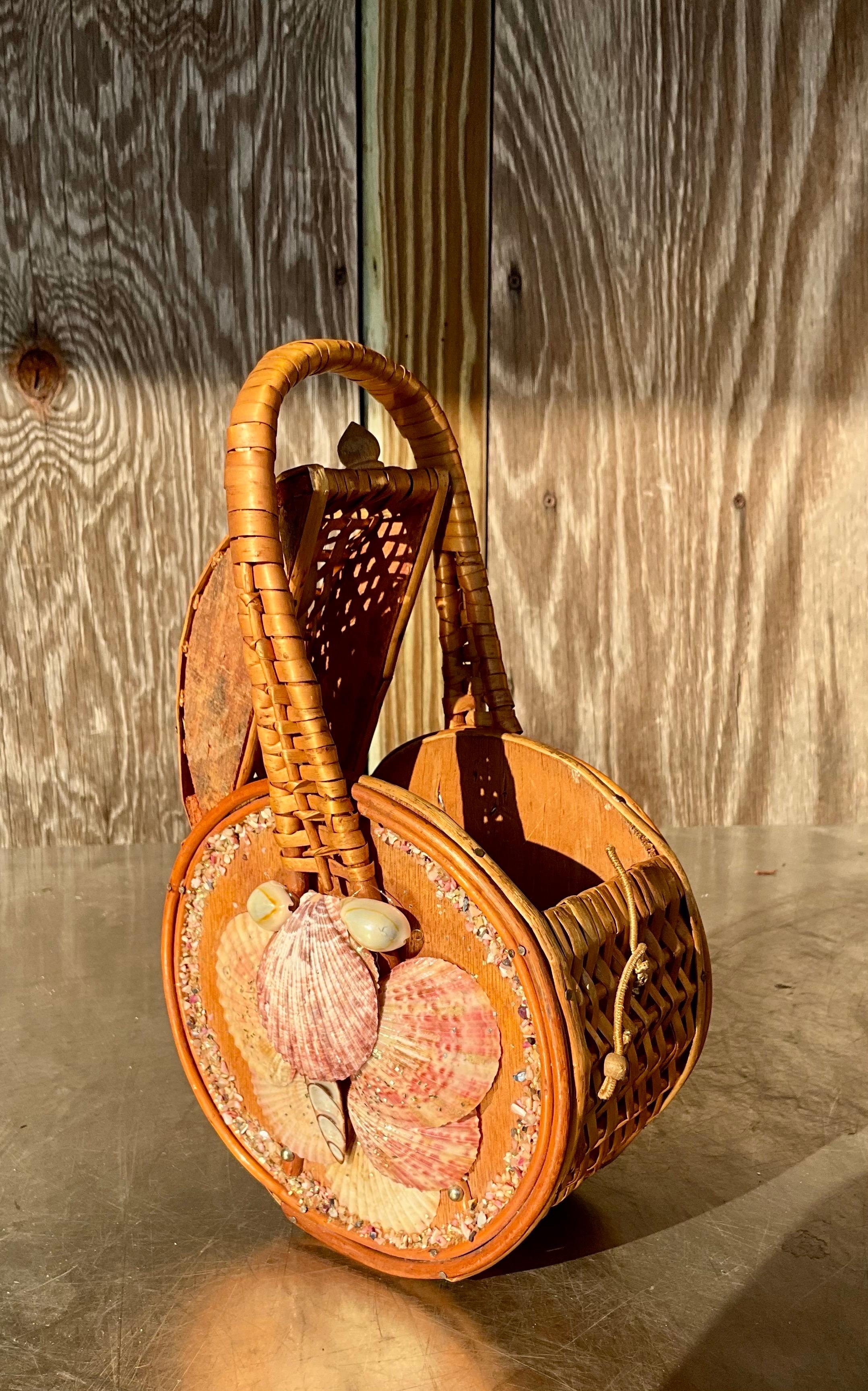 Vintage Nantucket Rattan Basket Bag with Seashells For Sale 3