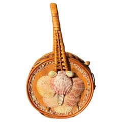Vintage Nantucket Rattan Basket Bag with Seashells