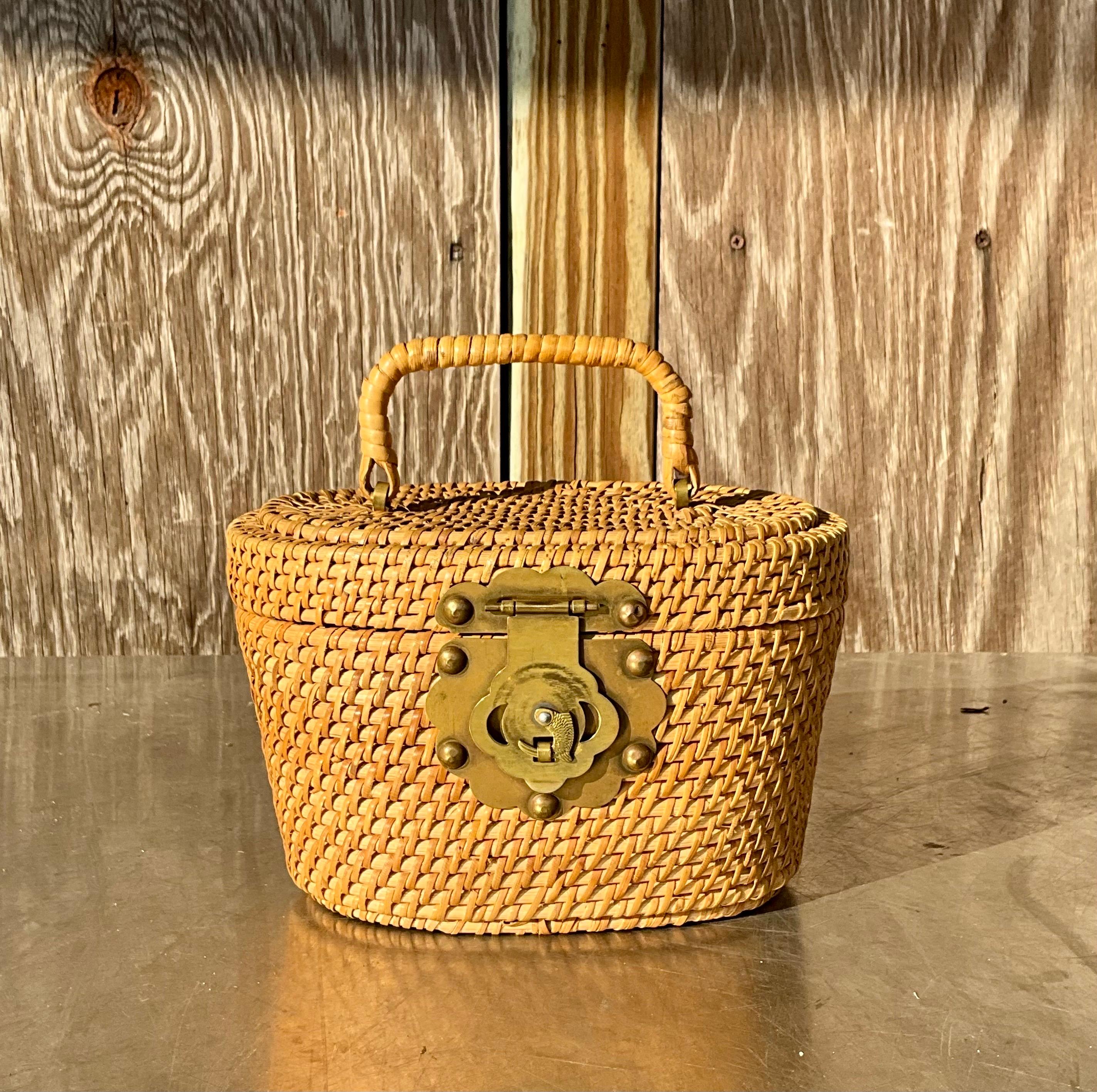 Orange Vintage Nantucket Rattan Basket Bucket Bag For Sale
