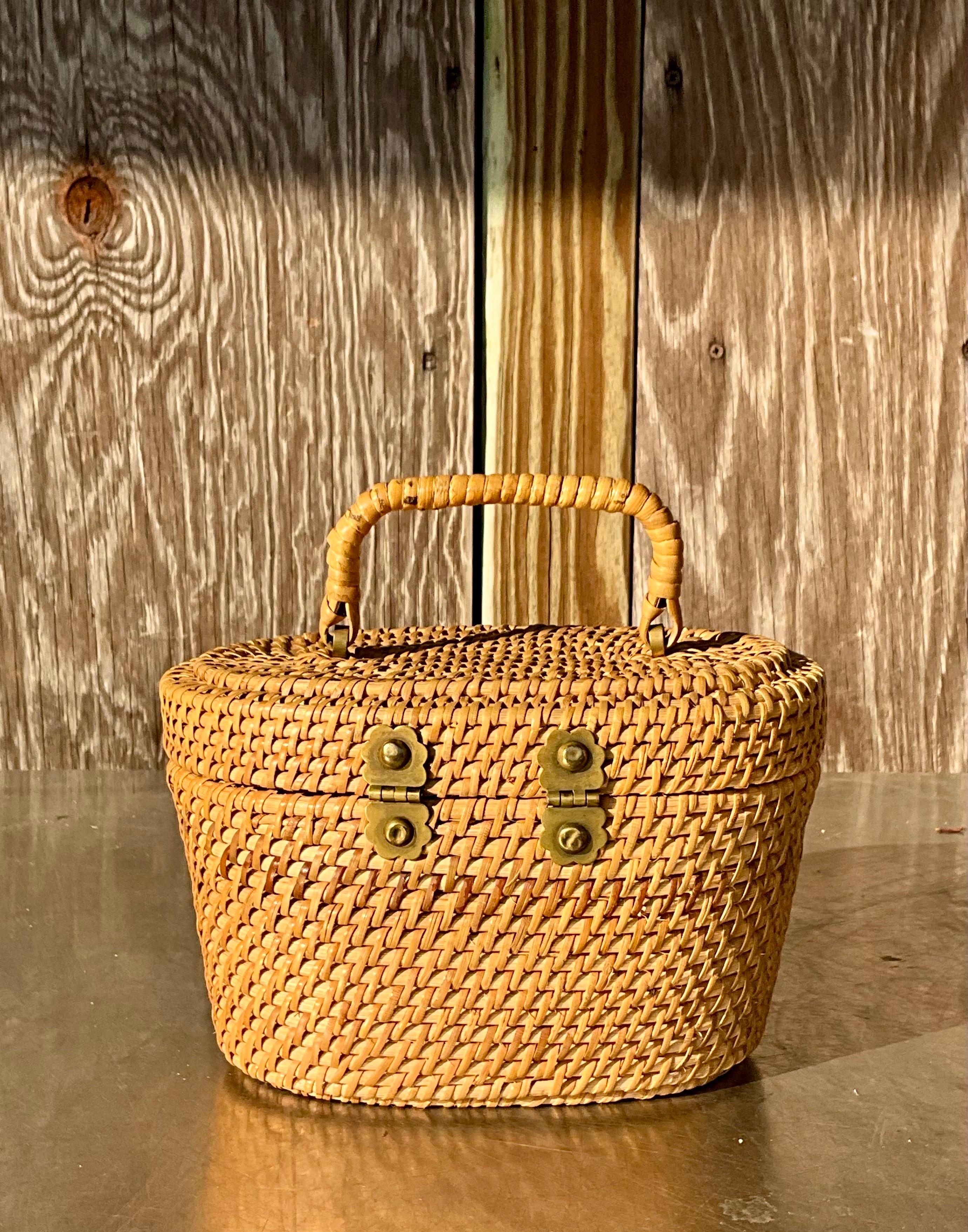 Women's or Men's Vintage Nantucket Rattan Basket Bucket Bag For Sale