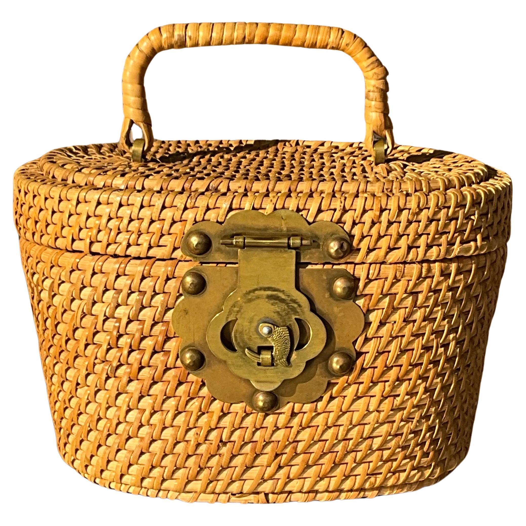 Vintage Nantucket Rattan Basket Bucket Bag For Sale