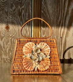 Vintage Nantucket Rattan Basket Purse with Shells