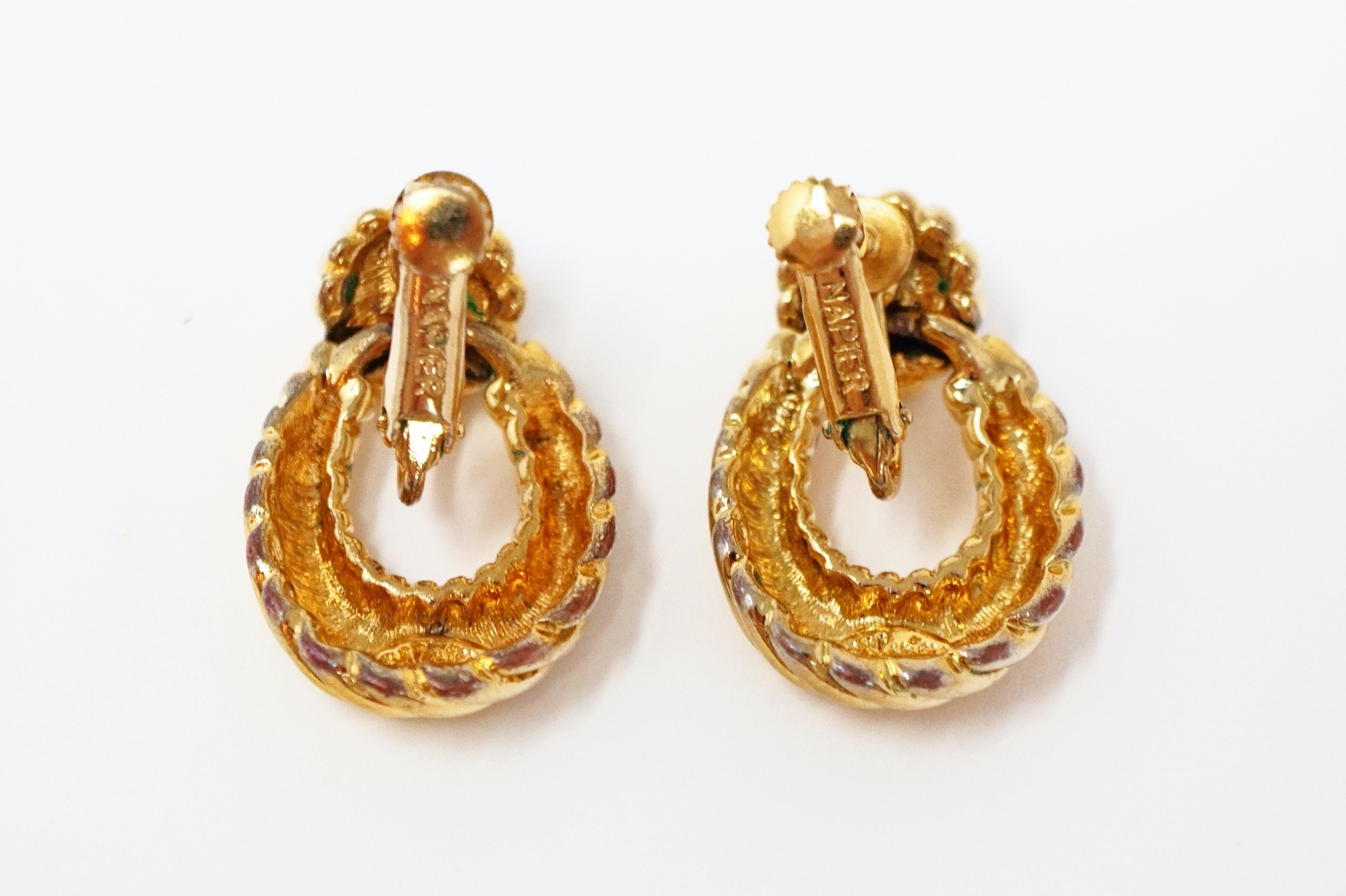 Vintage Napier Gilded Door Knocker Earrings with Pearl, Signed 3