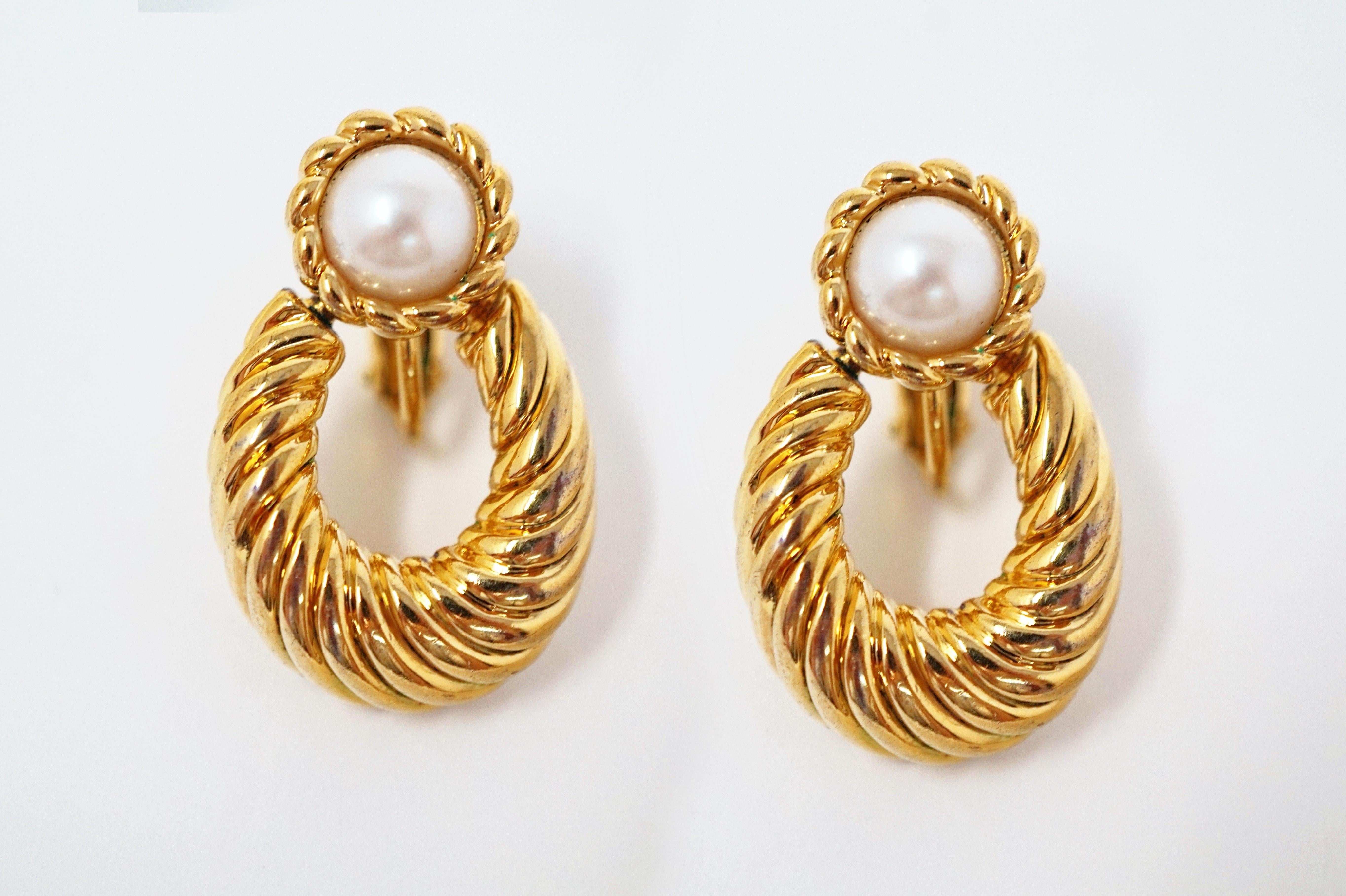 Vintage Napier Gilded Door Knocker Earrings with Pearl, Signed For 