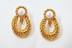 Vintage Napier Gilded Door Knocker Earrings with Pearl, Signed
