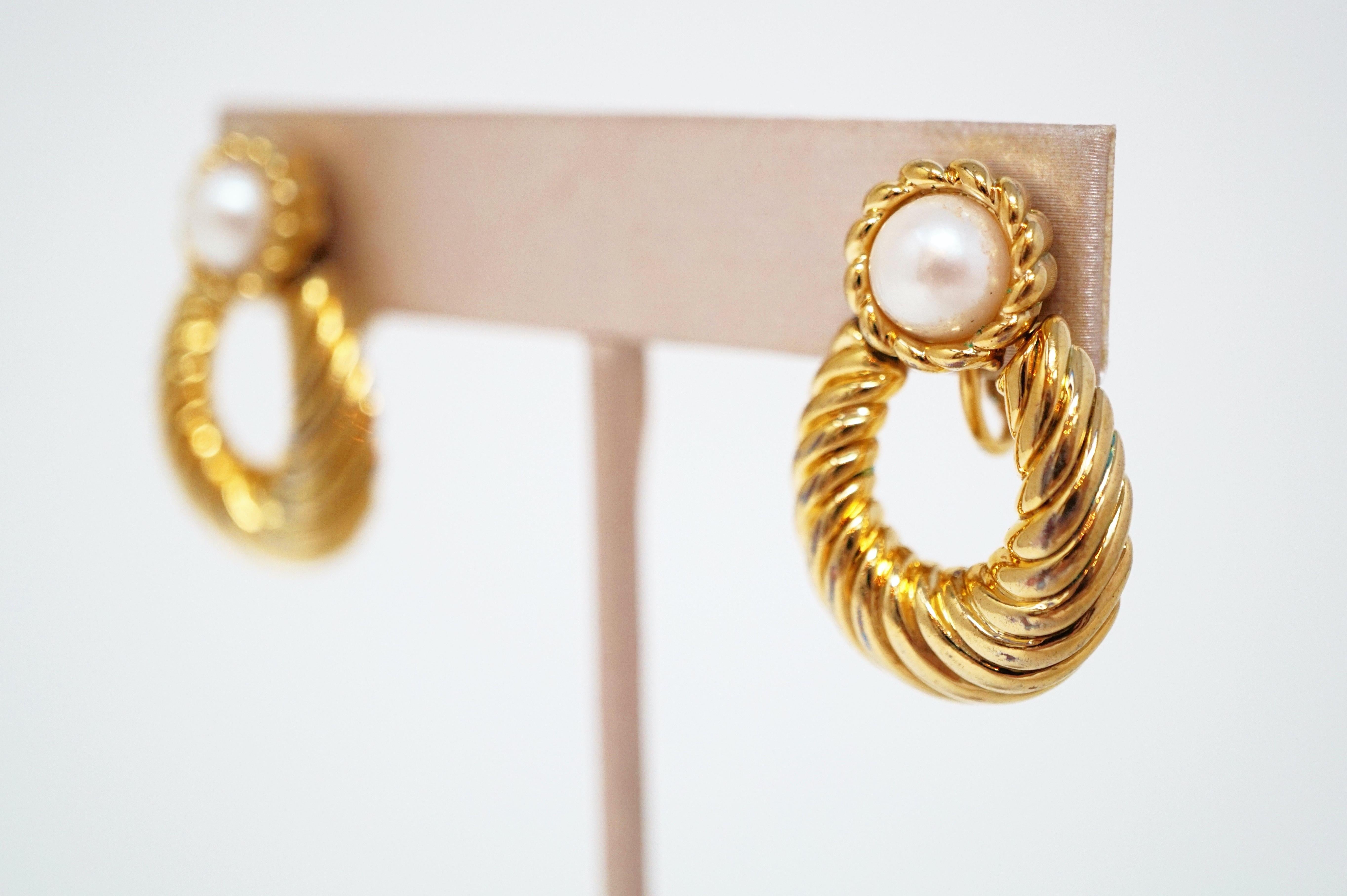 Vintage Napier Gilded Door Knocker Earrings with Pearl, Signed For 