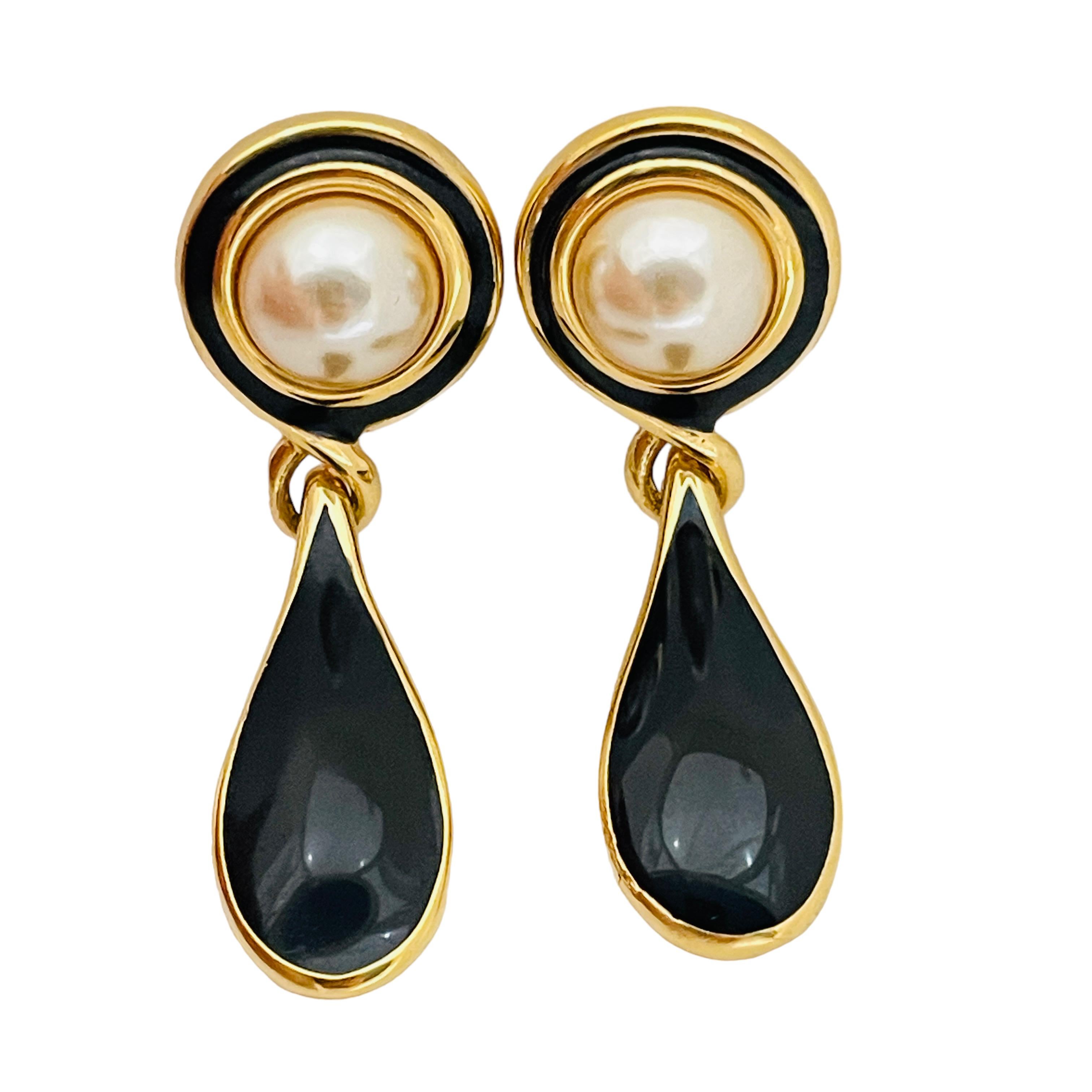 Women's or Men's Vintage NAPIER gold enamel pearl drop designer runway clip on earrings  For Sale