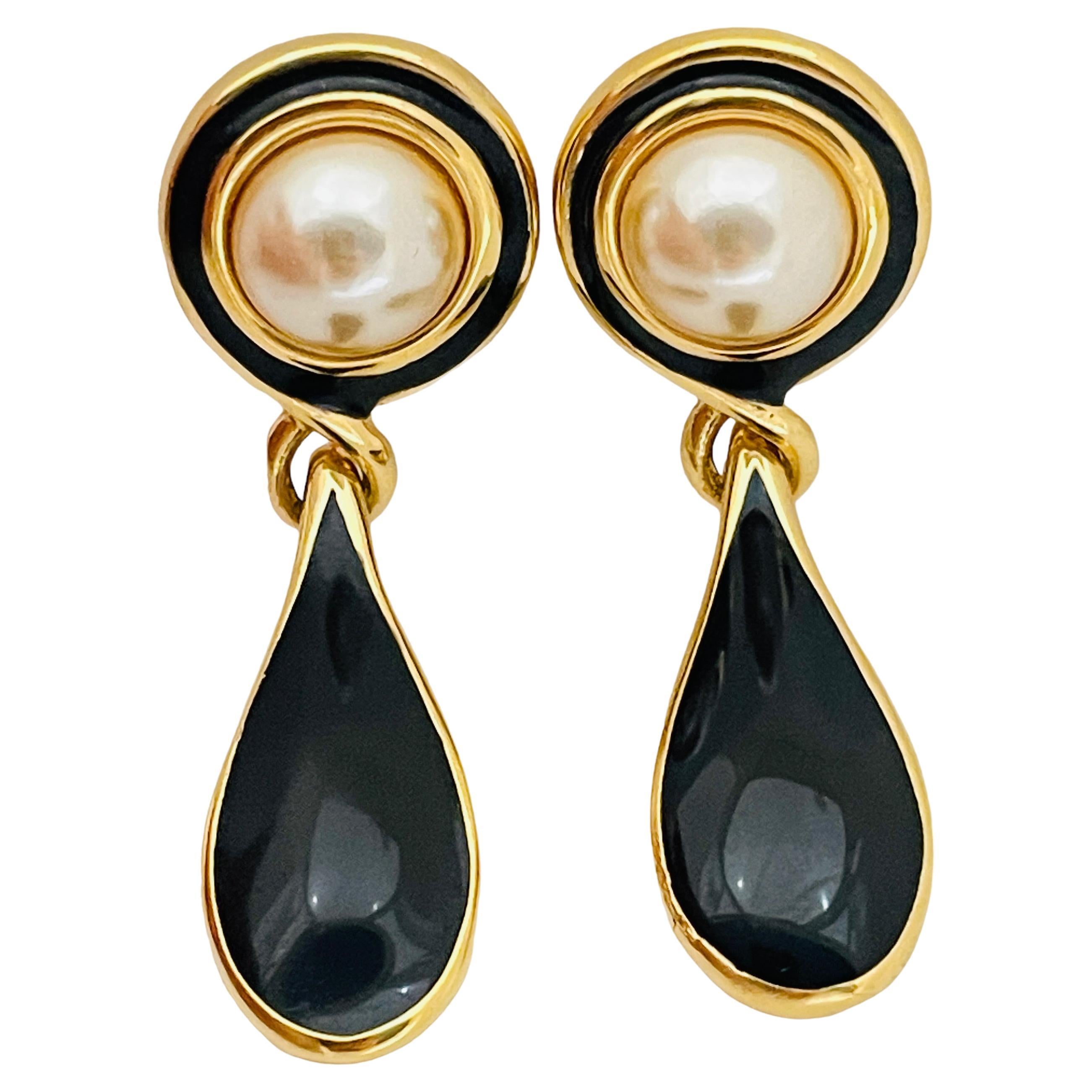 Vintage NAPIER gold enamel pearl drop designer runway clip on earrings  For Sale