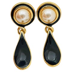 Retro NAPIER gold enamel pearl drop designer runway clip on earrings 