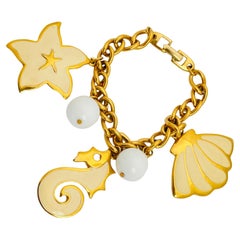 Vintage NAPIER gold enamel sea charm link chain designer bracelet