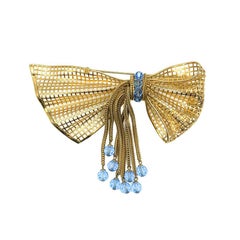 Vintage Napier Gold Filigree and Blue Crystal Oversize Bow Brooch 1940s