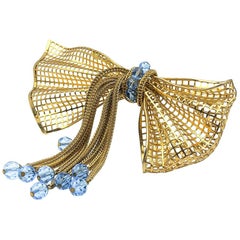 Vintage Napier Gold Filigree and Blue Crystal Oversize Bow Brooch 1940s