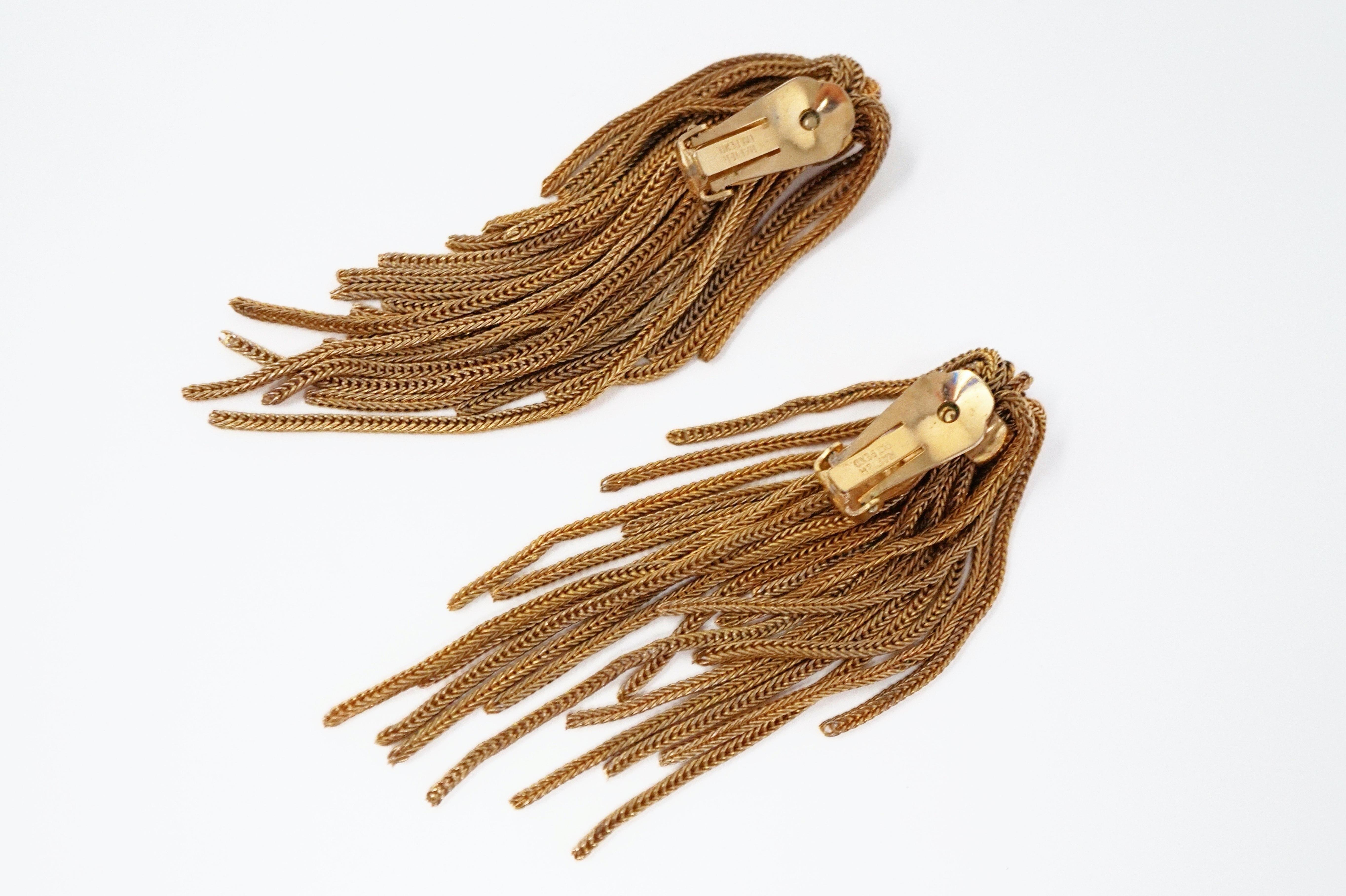 Vintage Napier Gold Fringe Earrings, Signed, circa 1970s In Good Condition In McKinney, TX